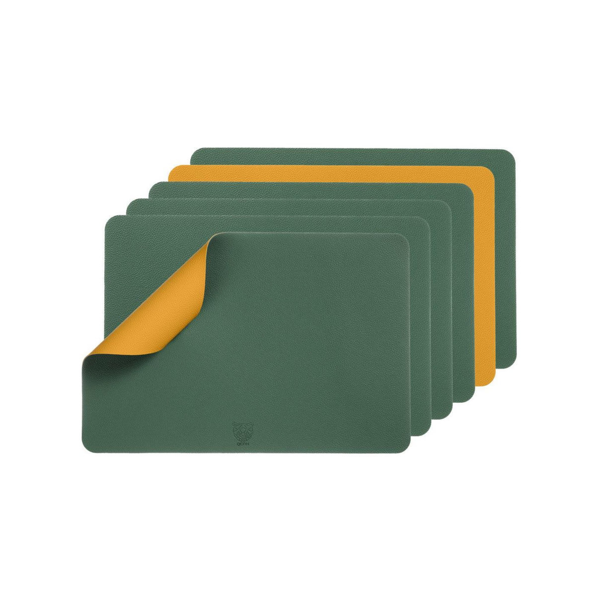 BJORN Set de table rectangulaire réversible - 6 pièces - Cuir recyclé jaune moutarde et vert sapin