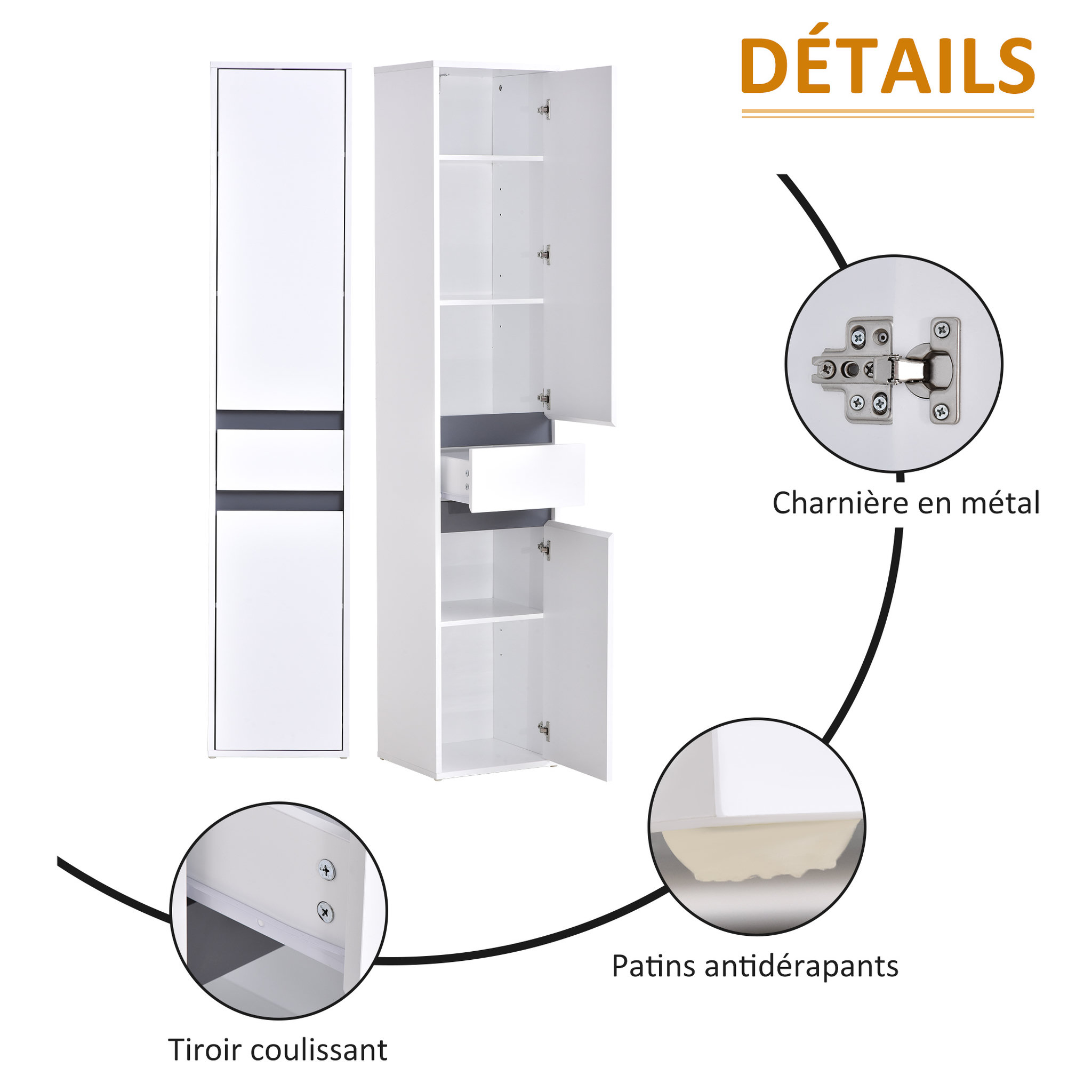 Voir la diapositive 6 : HOMCOM Meuble colonne rangement salle de bain style contemporain 2 placards 3 étagères et tiroir coulissant panneaux particules blanc