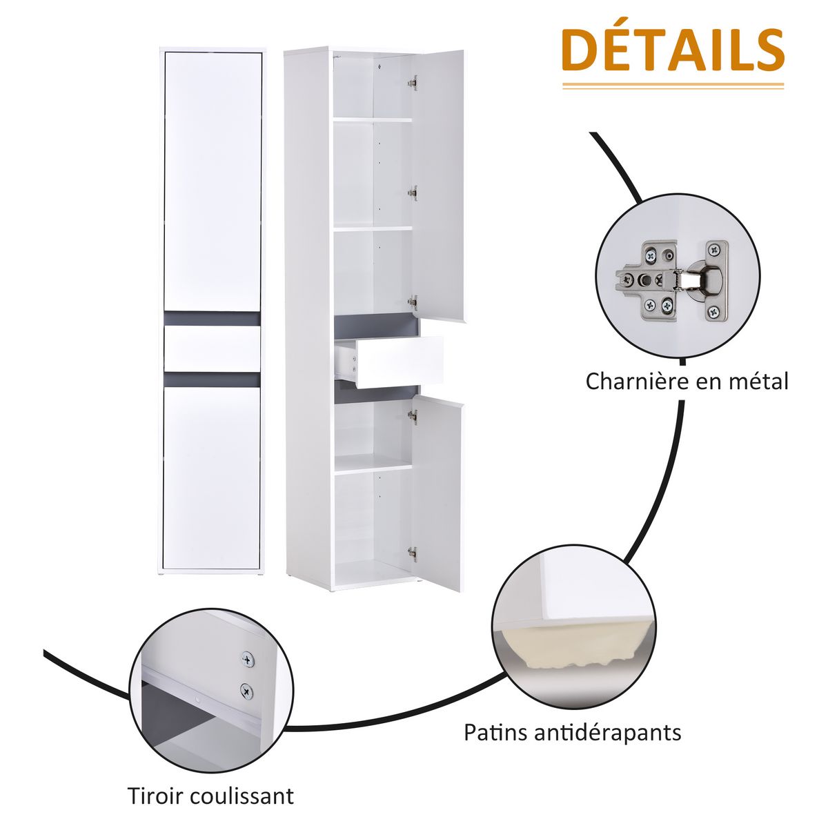 HOMCOM Meuble colonne rangement salle de bain style contemporain 2 placards 3 étagères et tiroir coulissant panneaux particules blanc