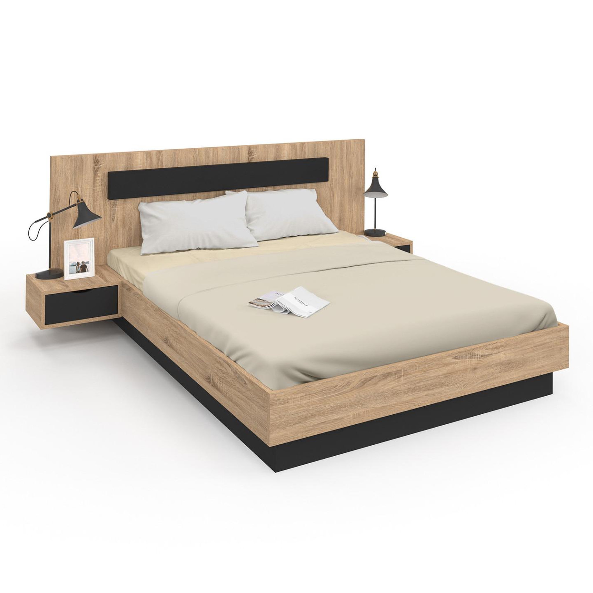 ID MARKET Lit double SANTA avec tête de lit + tables de chevet intégrées et sommier 140 x 190 cm bois et noir