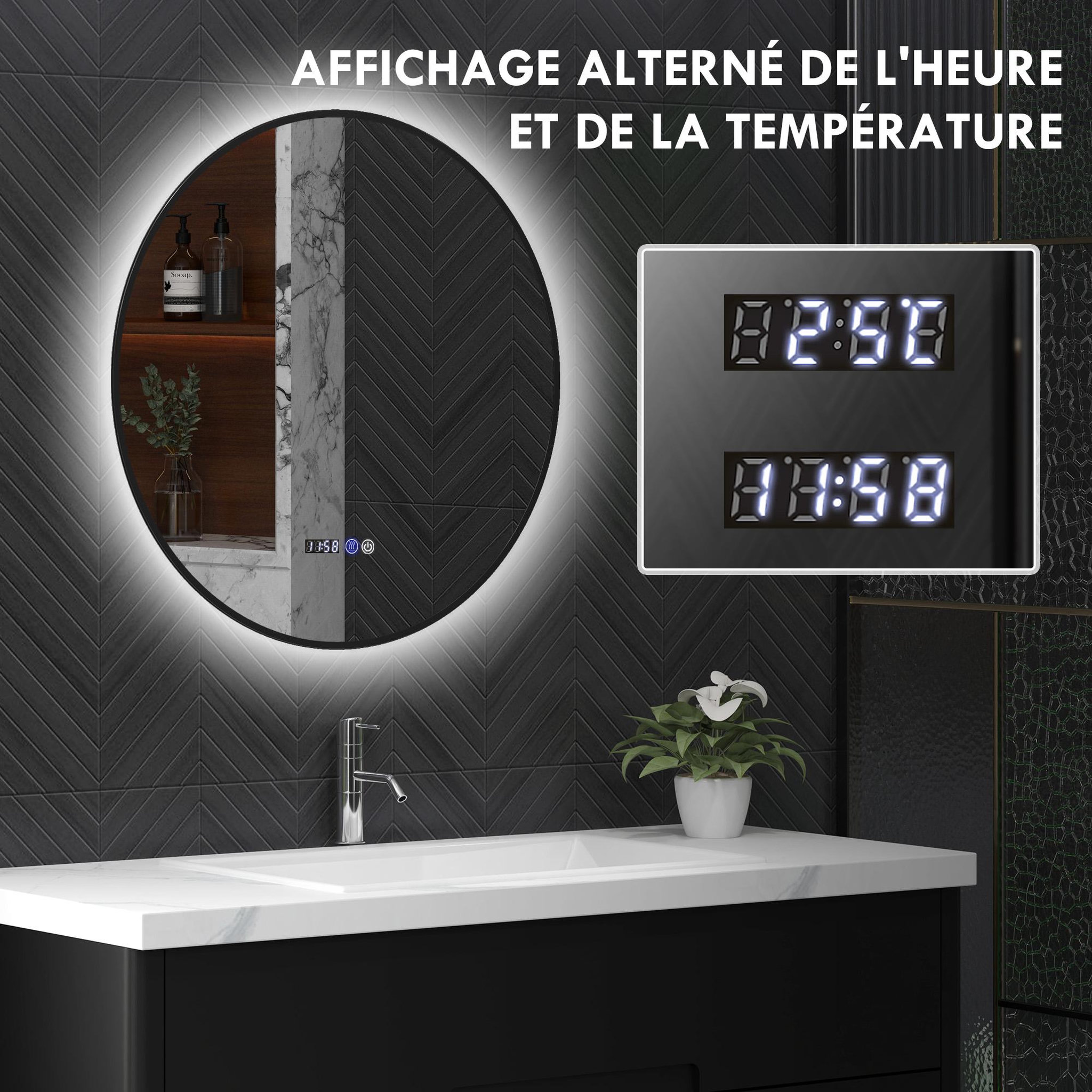Voir la diapositive 5 : HOMCOM Miroir led rond salle de bain ø 70 cm - luminosité réglable, fonction anti-buée, tactile, affichage heure-température - métal noir