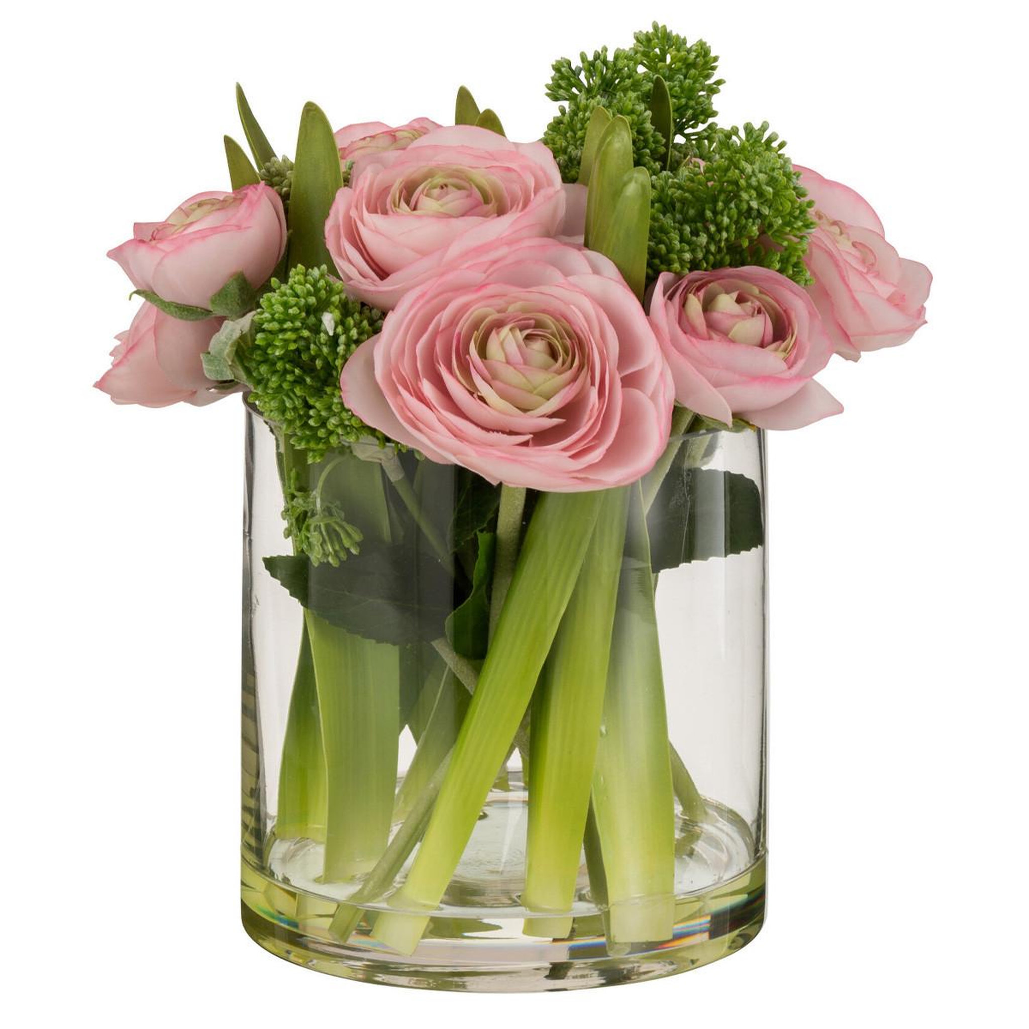 J-LINE Composition florale renoncule  vase  24cm rose
