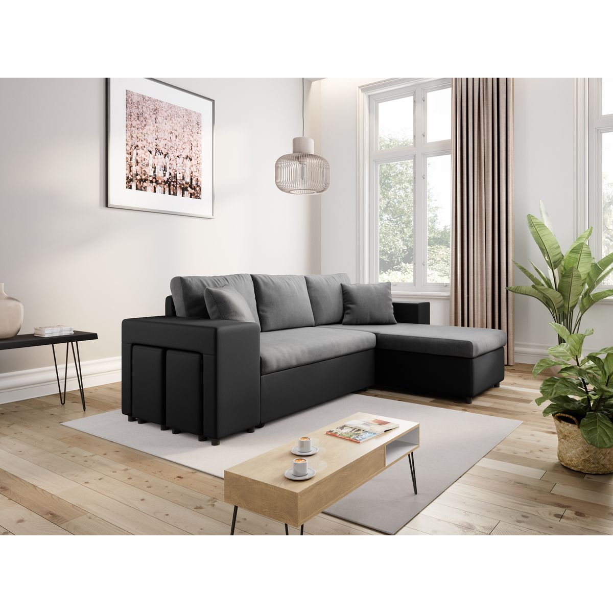 Canapé d'angle convertible avec coffre 3 places + 2 poufs à gauche et étagère à droite  MACHA