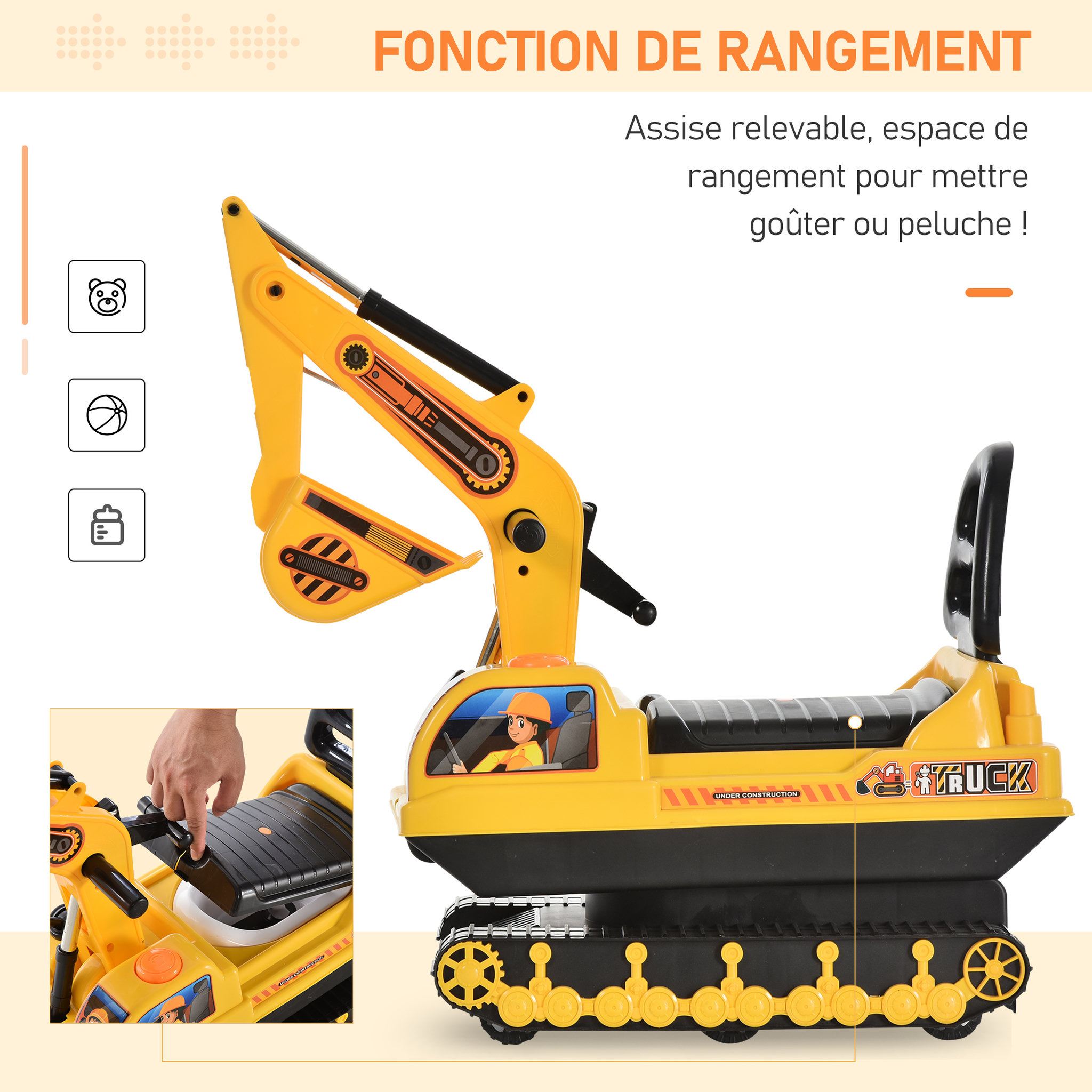 Voir la diapositive 5 : HOMCOM Porteur enfant tractopelle 12-36 mois coffre klaxon fonction pivotante jaune