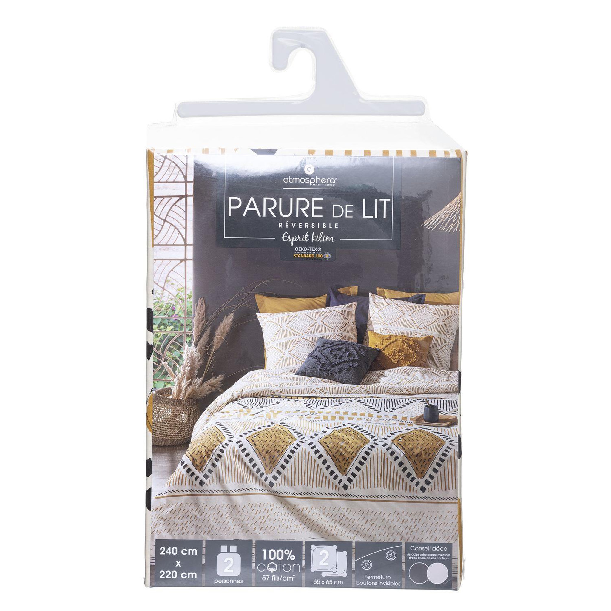 Voir la diapositive 1 : ATMOSPHERA Parure de lit 2 places en coton imprimé Ray Kilim - 240x220 cm - Ocre