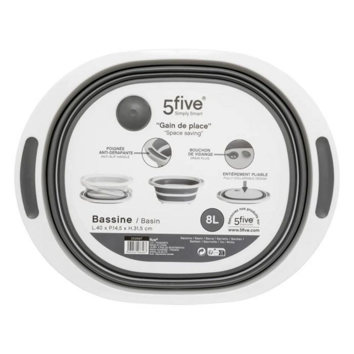 FIVE Bassine Avec Bouchon Vidange  Rétractable  8L Blanc