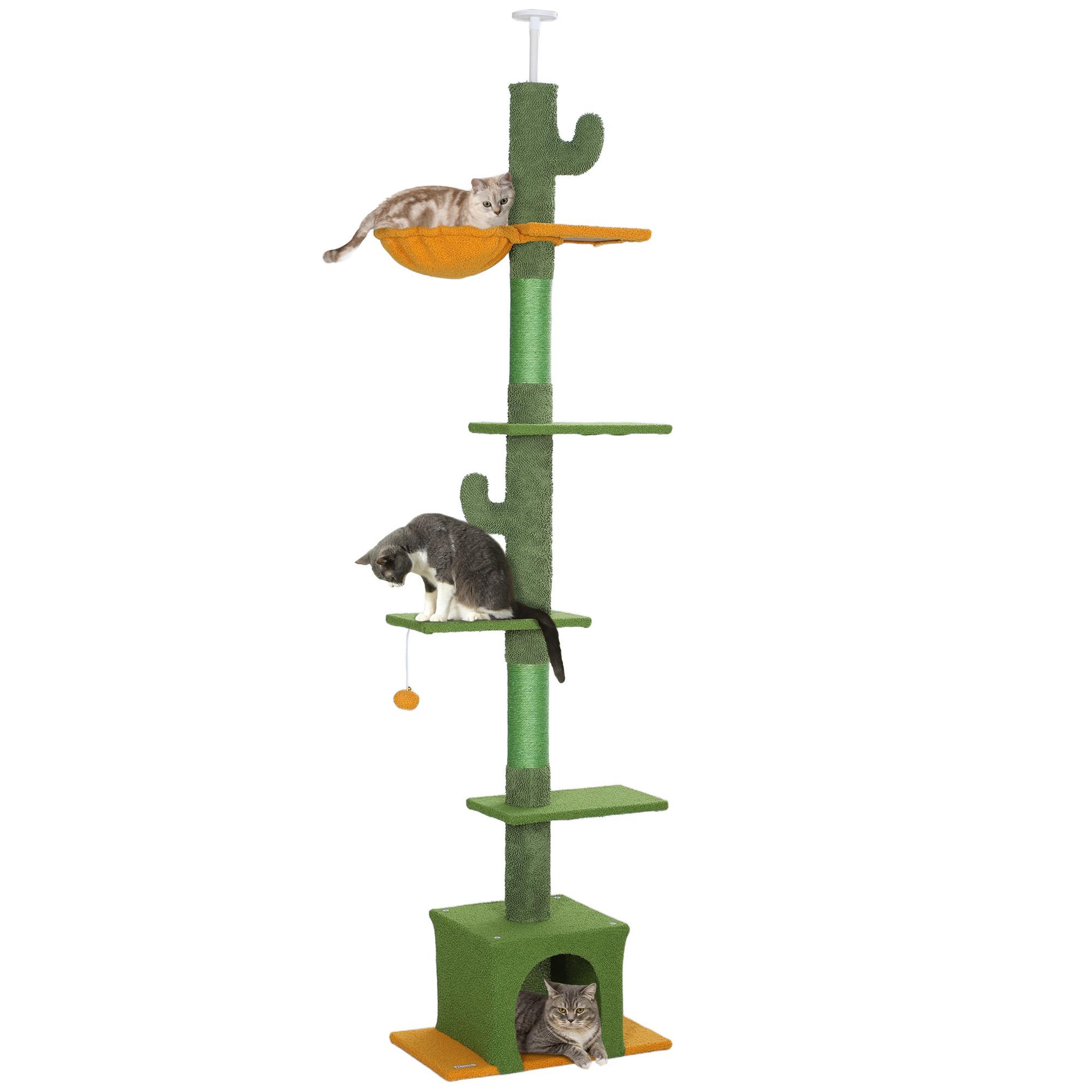 PAWHUT Arbre à chat cactus du sol au plafond - h. Réglable 230-275 cm - 6 niv. Équipement multiple - vert