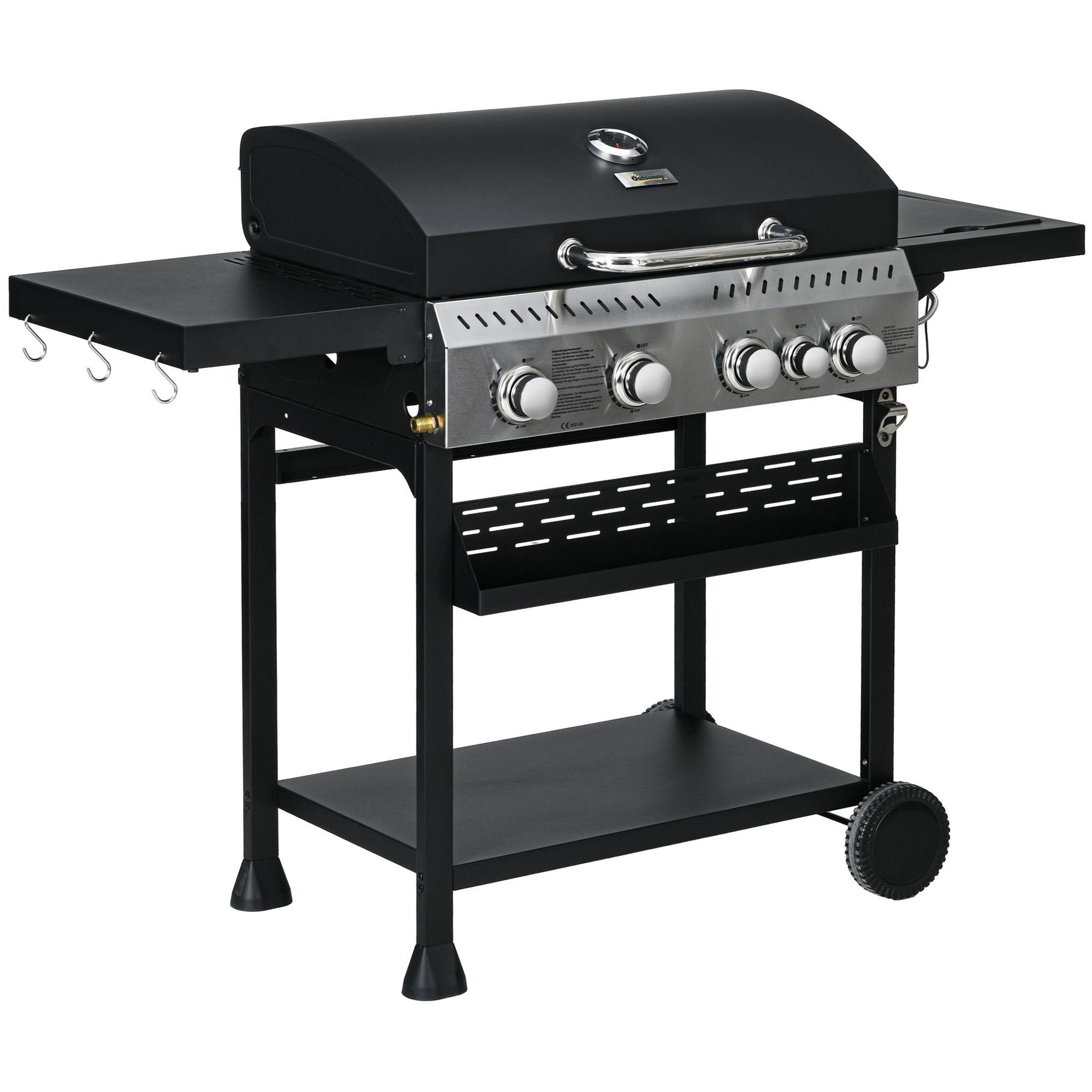 OUTSUNNY Barbecue à gaz 4+1 - 12,5 kW - 2 roues, étagères, thermomètre, décapsuleur, crochets - acier inox noir