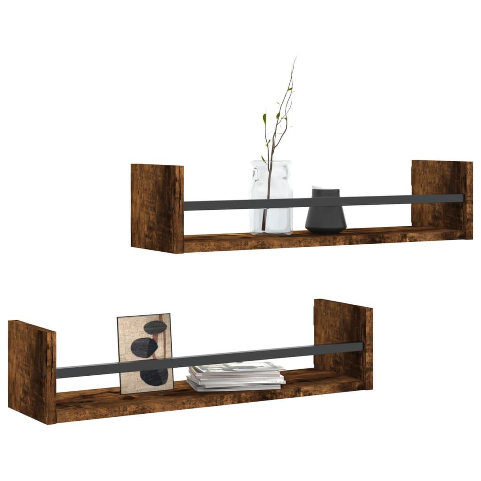 Voir la diapositive 3 : VIDAXL Etageres murales avec barres 2 pcs chene fume 60x16x14 cm