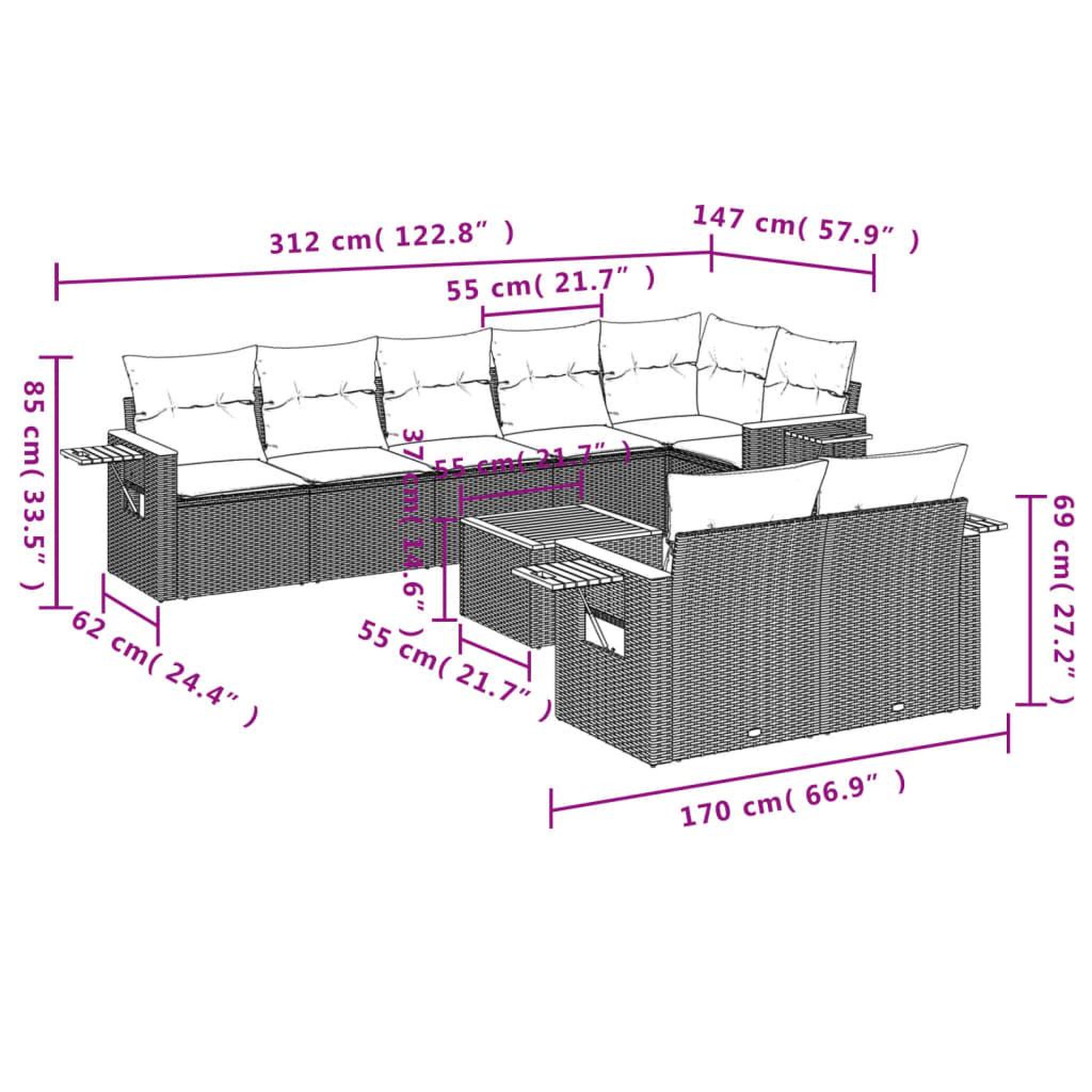 Voir la diapositive 3 : VIDAXL Salon de jardin avec coussins 9 pcs beige resine tressee