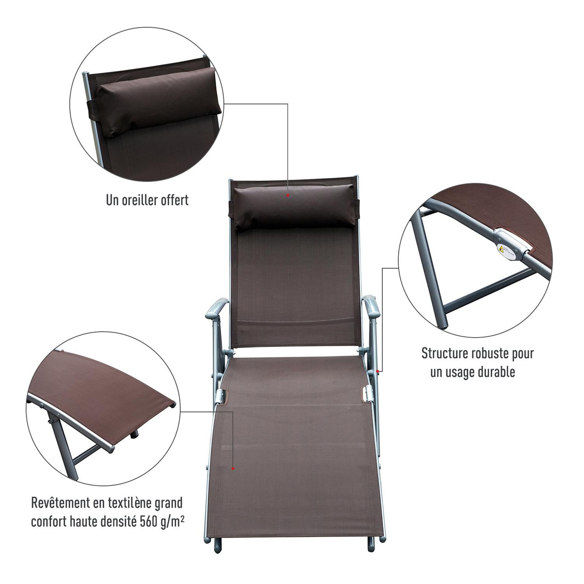 Voir la diapositive 6 : OUTSUNNY Outsunny transat chaise longue bain de soleil pliable dossier inclinable multi-positions têtière fournie 137L x 64l x 101H cm métal époxy textilène marron