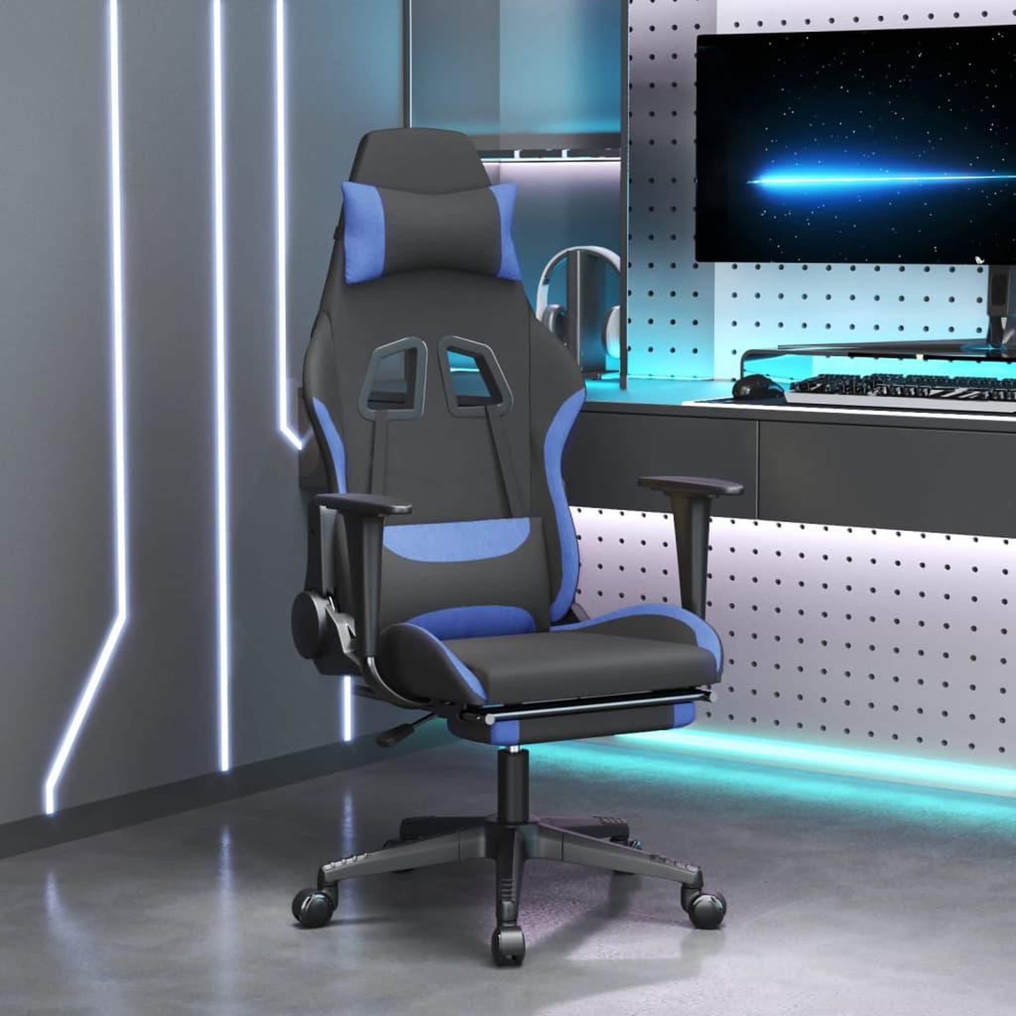 Voir la diapositive 1 : VIDAXL Chaise de jeu avec repose-pied Noir et bleu Tissu