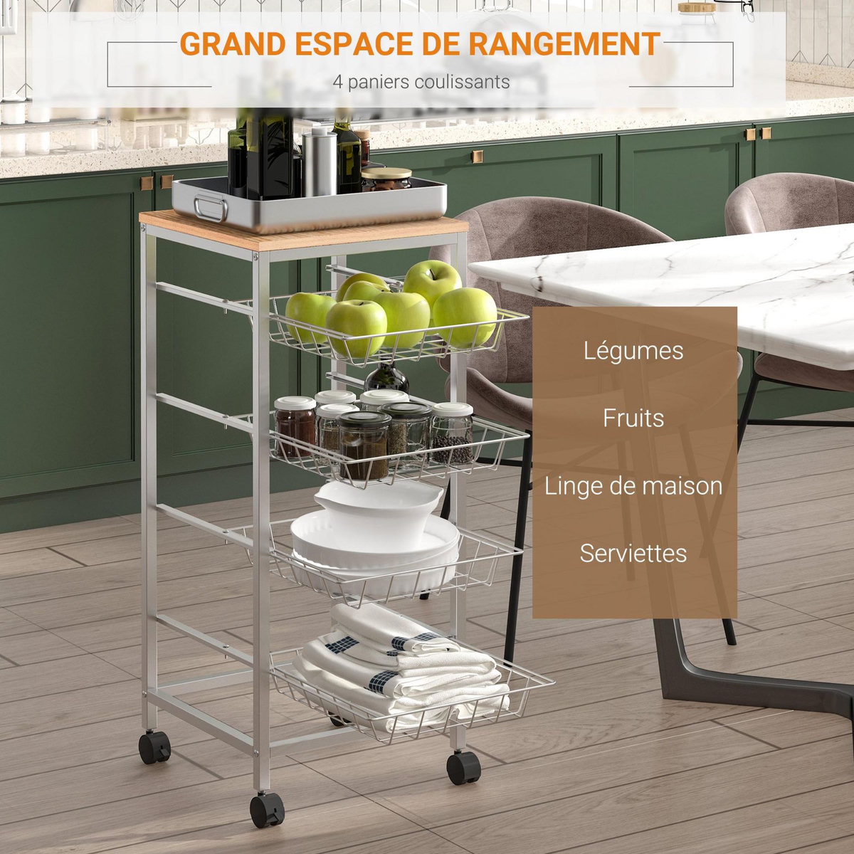 HOMCOM HOMCOM Chariot de service desserte à roulettes multi-rangements 4 tiroirs acier MDF chêne clair