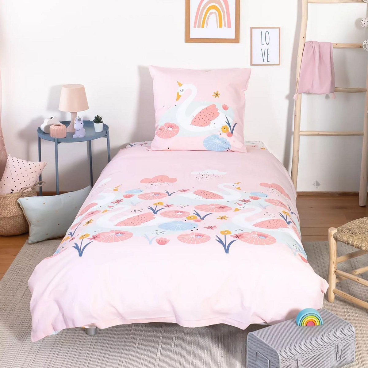 COTE DECO Parure de lit enfant Cygne - Coton 57 fils/cm² - 140 x 200 cm - Rose