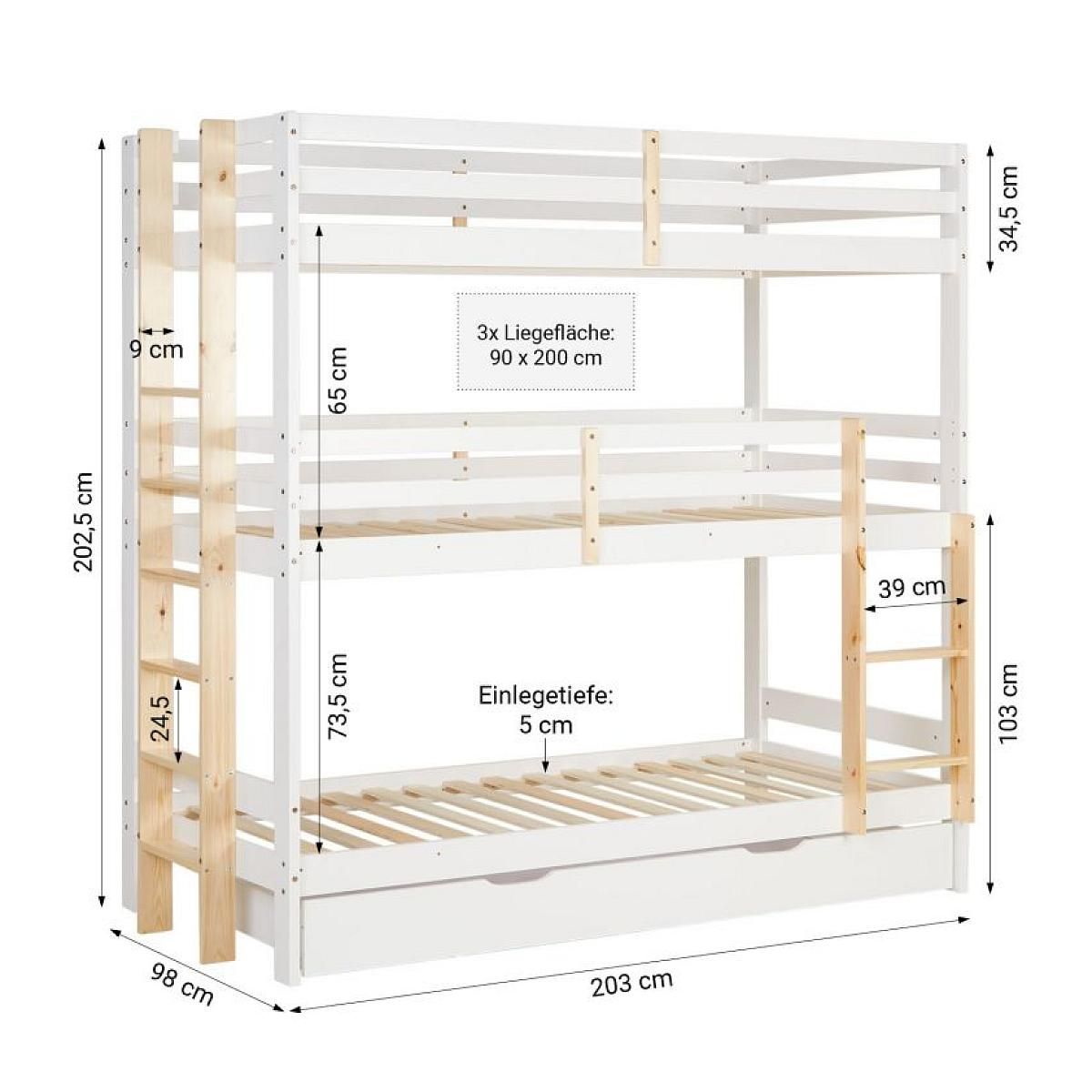 HomeStyle4U Lit Superposé 90x200 Blanc 3 Places
