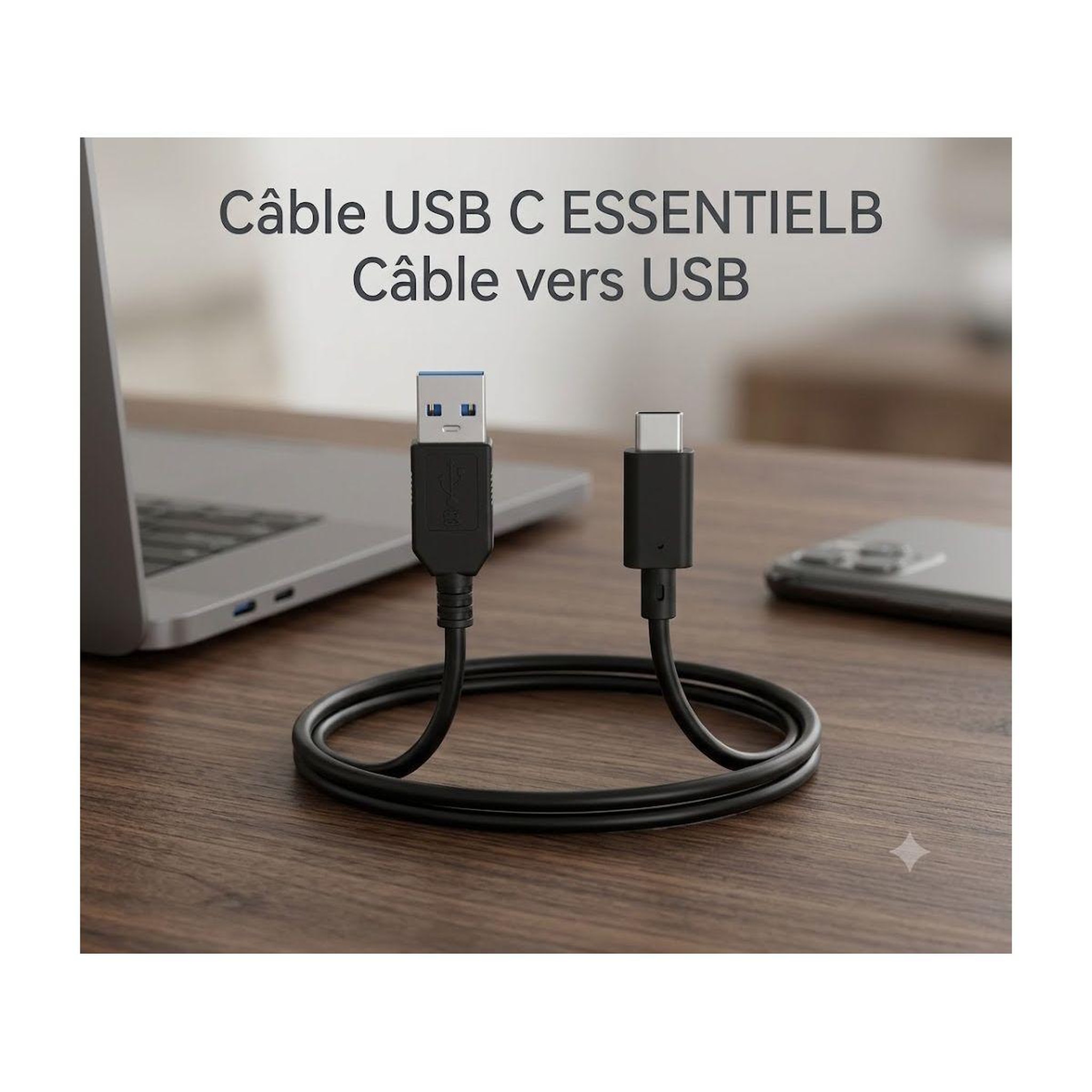 Voir la diapositive 2 : ESSENTIEL B Câble usb c câble vers usb 2m noir compatible iphone 17 16 15 pro max, samsung galaxy s25 s24 ultra
