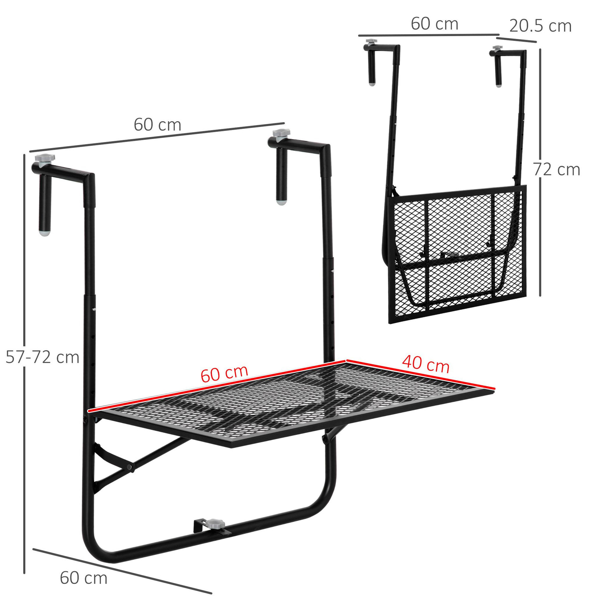 Voir la diapositive 3 : OUTSUNNY Table suspendue de balcon pliable dim. plateau 60L x 40l cm hauteur réglable 57-72H cm métal époxy noir