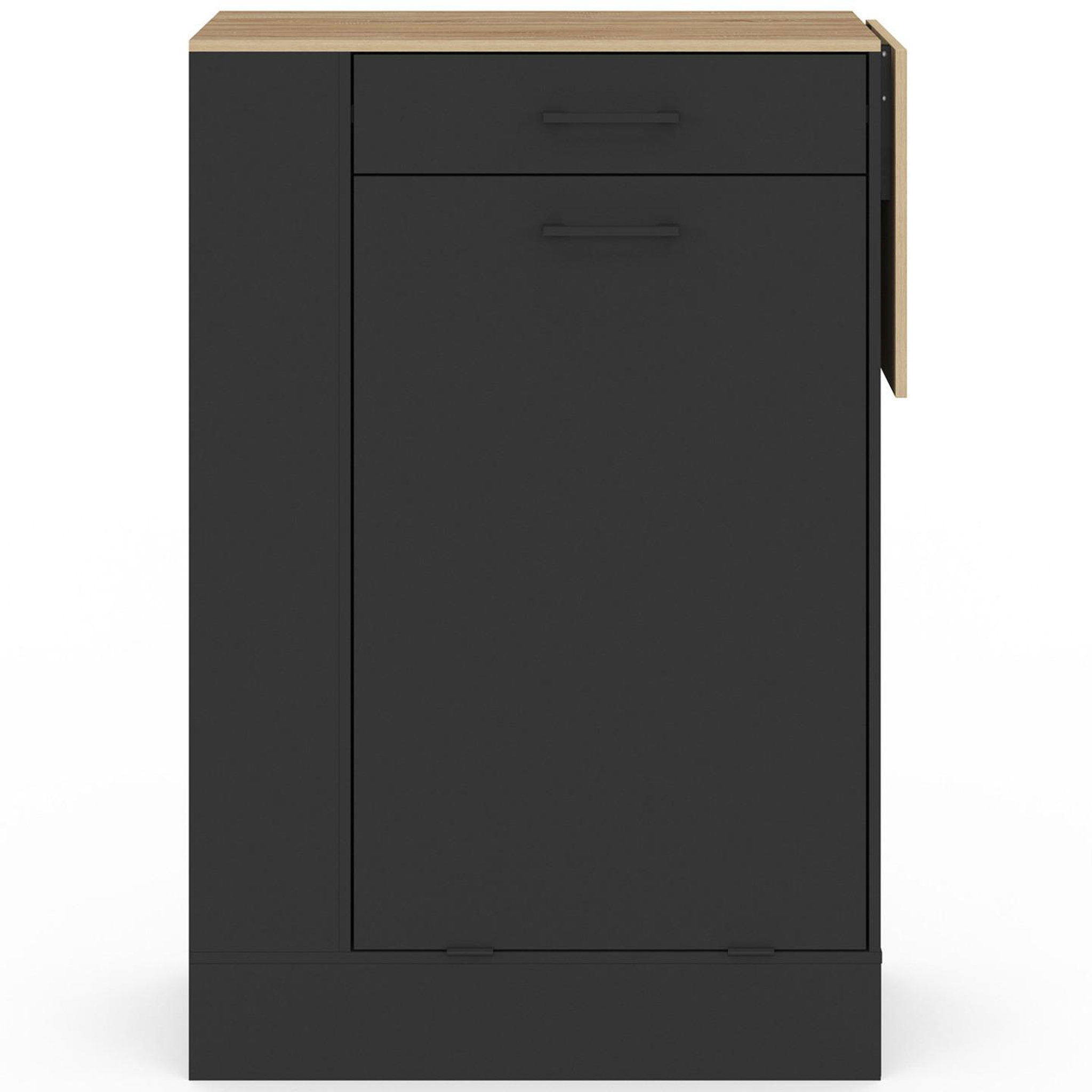 Voir la diapositive 3 : ID MARKET Buffet de cuisine compact 90 cm tibo avec espace poubelle, tablette rabattable, 1 tiroir et 3 étagères latérales bois et noir