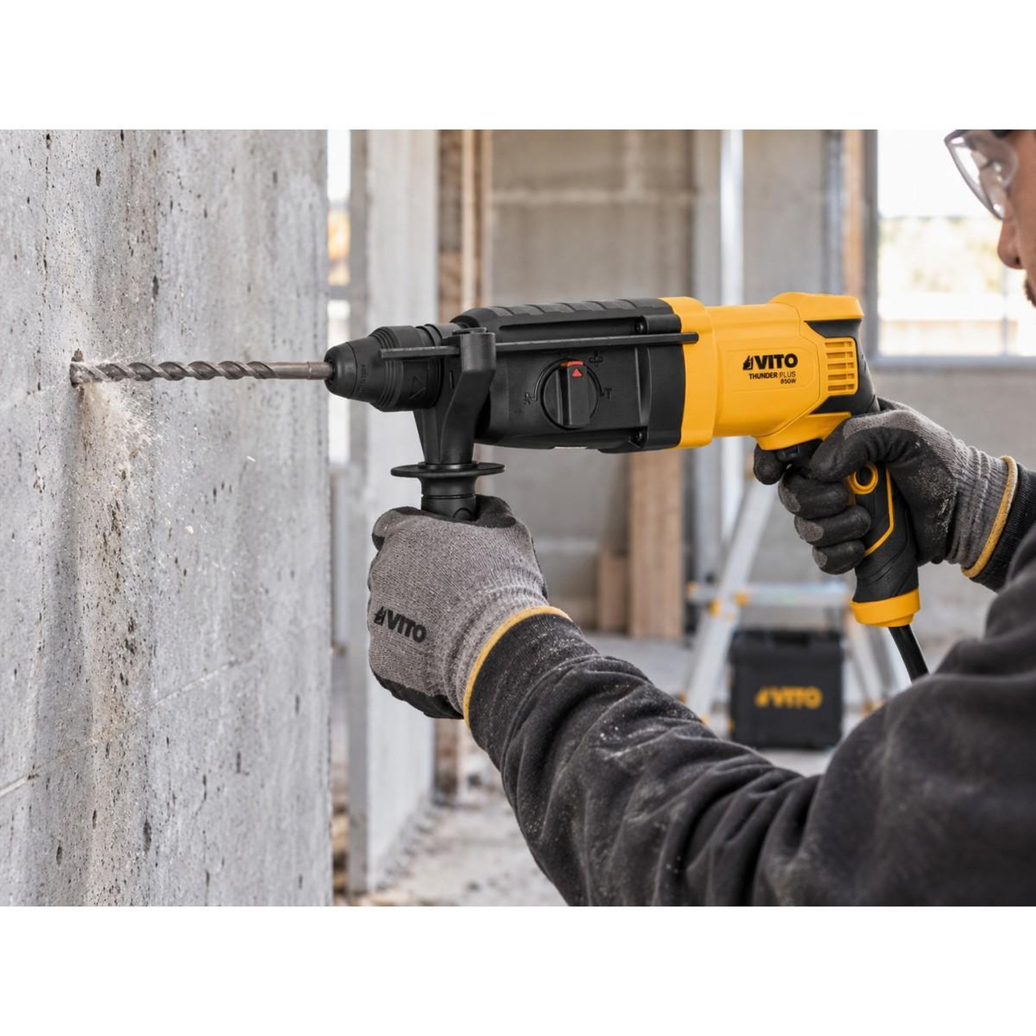 Voir la diapositive 2 : VITO Marteau perforateur 850w sds-plus 3,5j 4 fonctions perçage béton 26mm 3 forets + 2 burins inclus vito