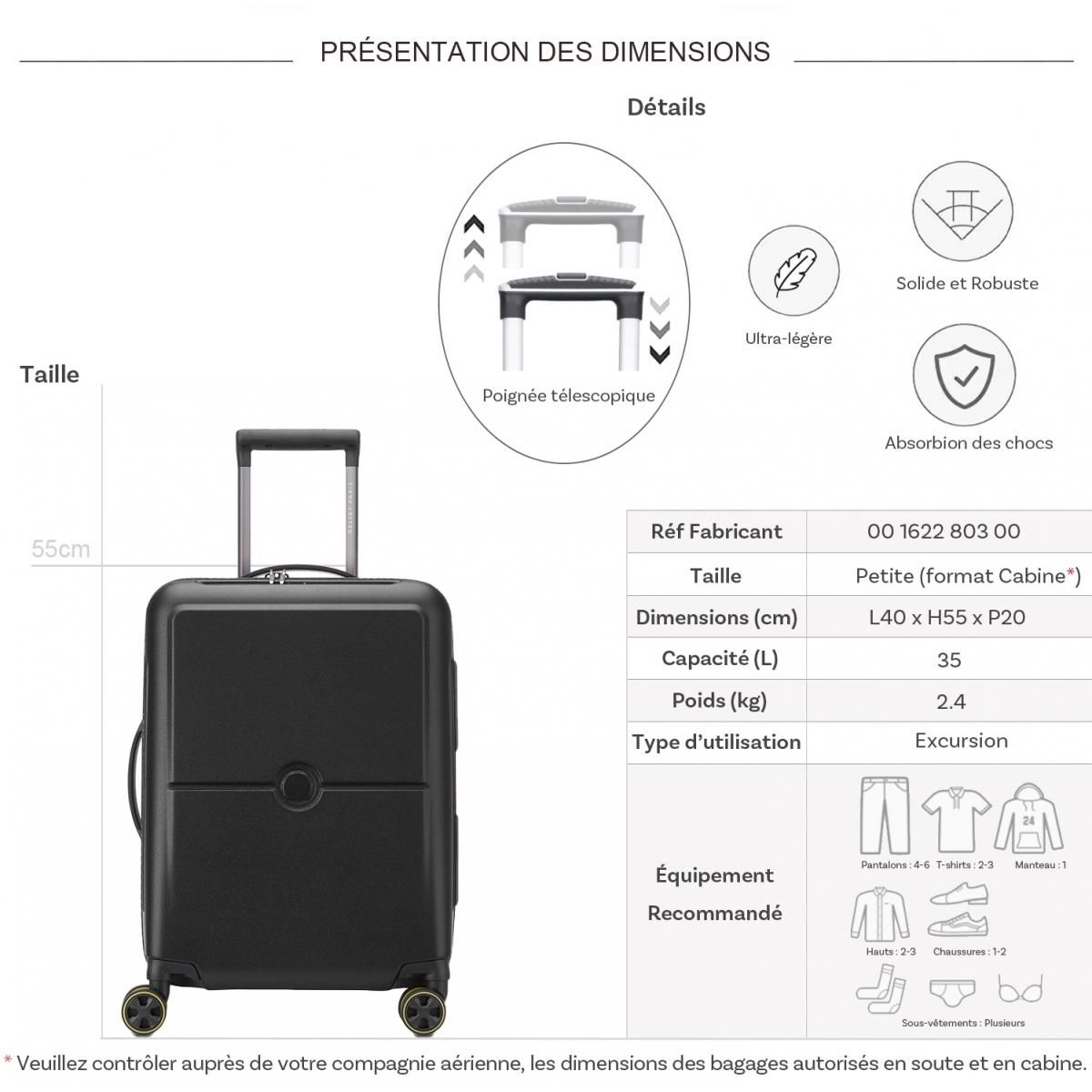 Delsey Valise cabine rigide ultra-légère Turenne 2.0 TSA polycarbonate 55cm