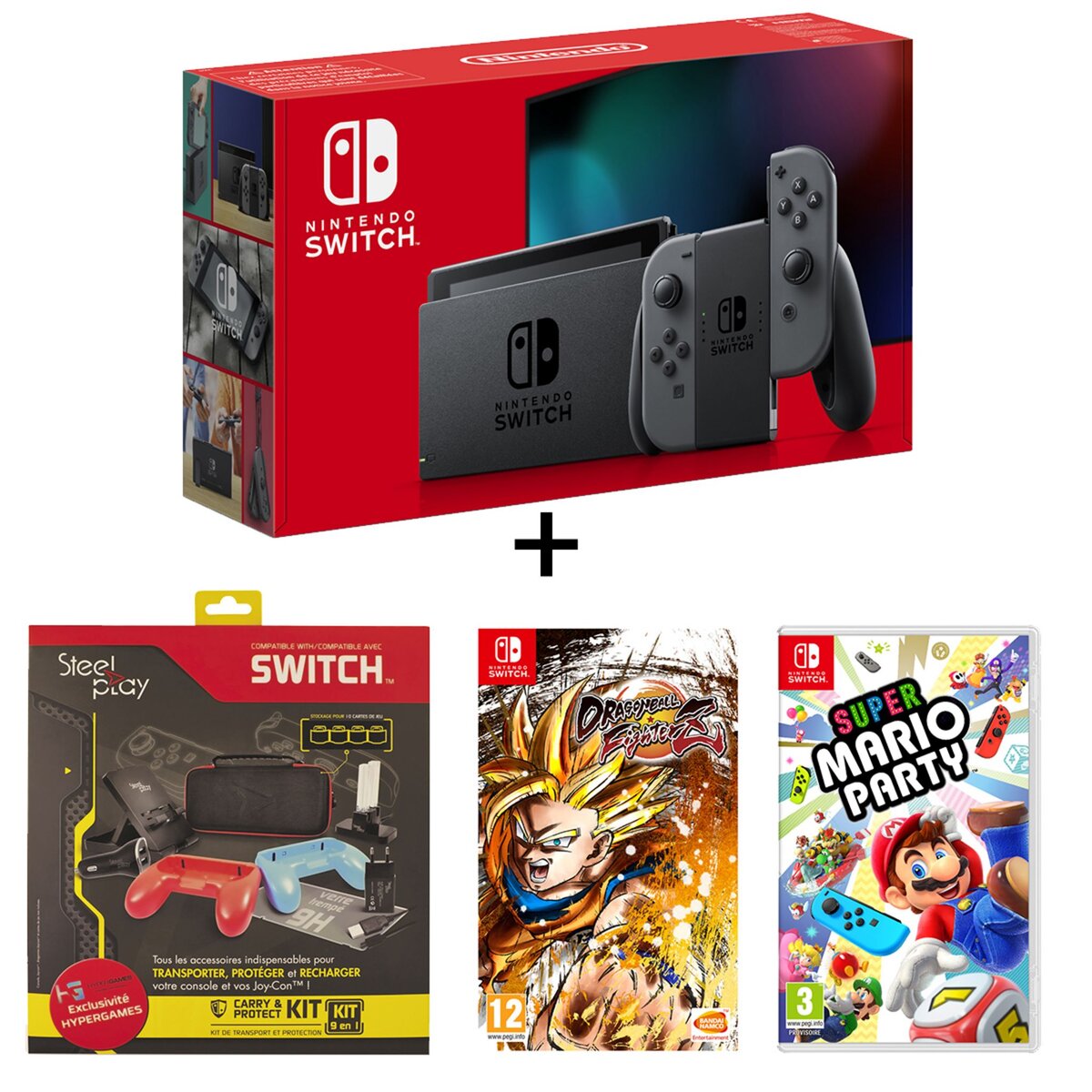 Console Nintendo Switch Joy-Con Gris + Pack de 9 accessoires Nintendo Switch + Dragon Ball FighterZ + Super Mario Party