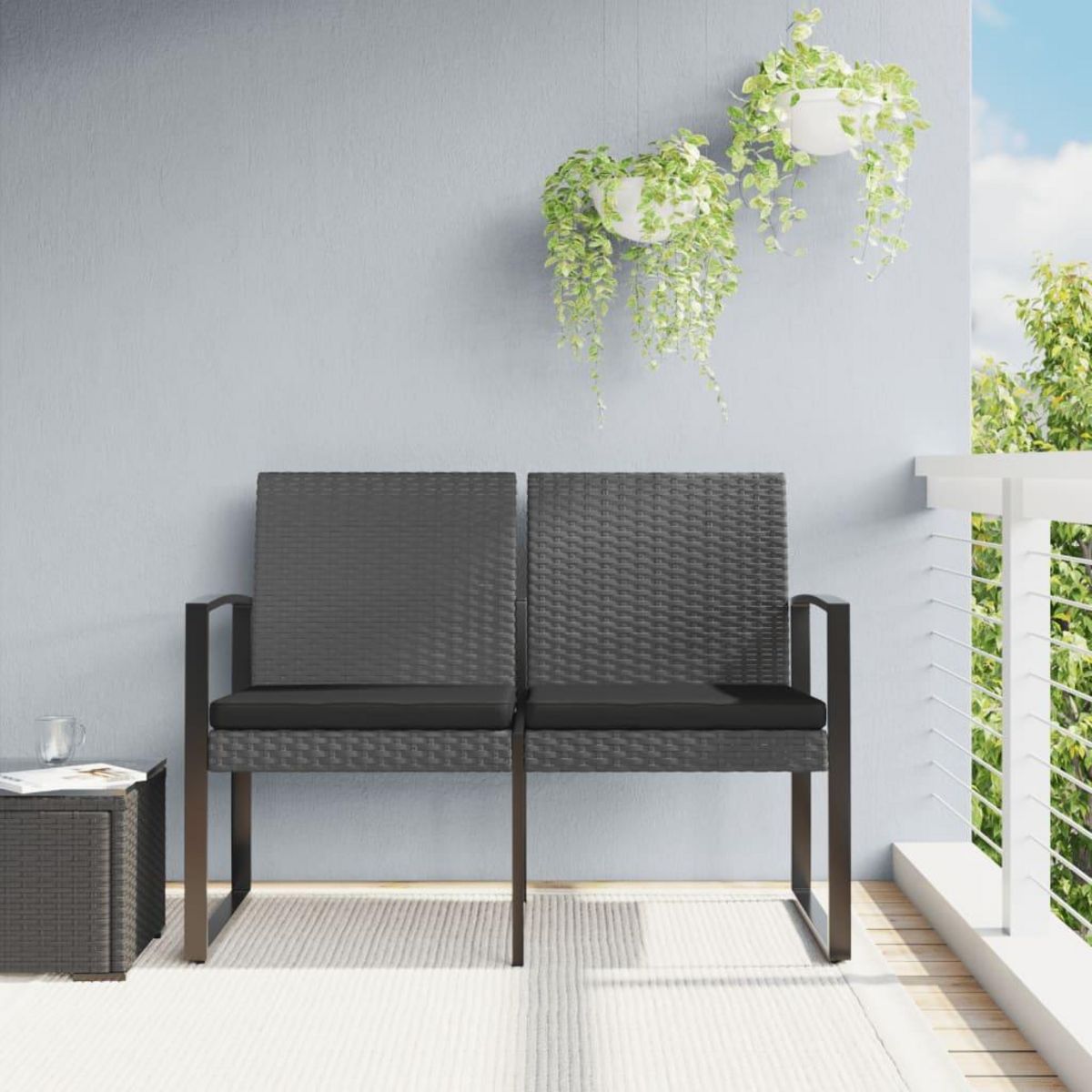 VIDAXL Banc de jardin a 2 places et coussins gris fonce PP rotin