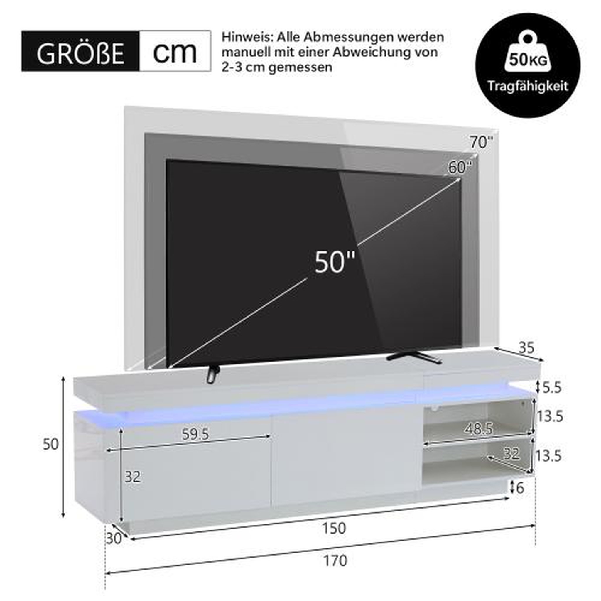 Voir la diapositive 3 : MERAX Meuble tv blanc 170cm led panneau de particules
