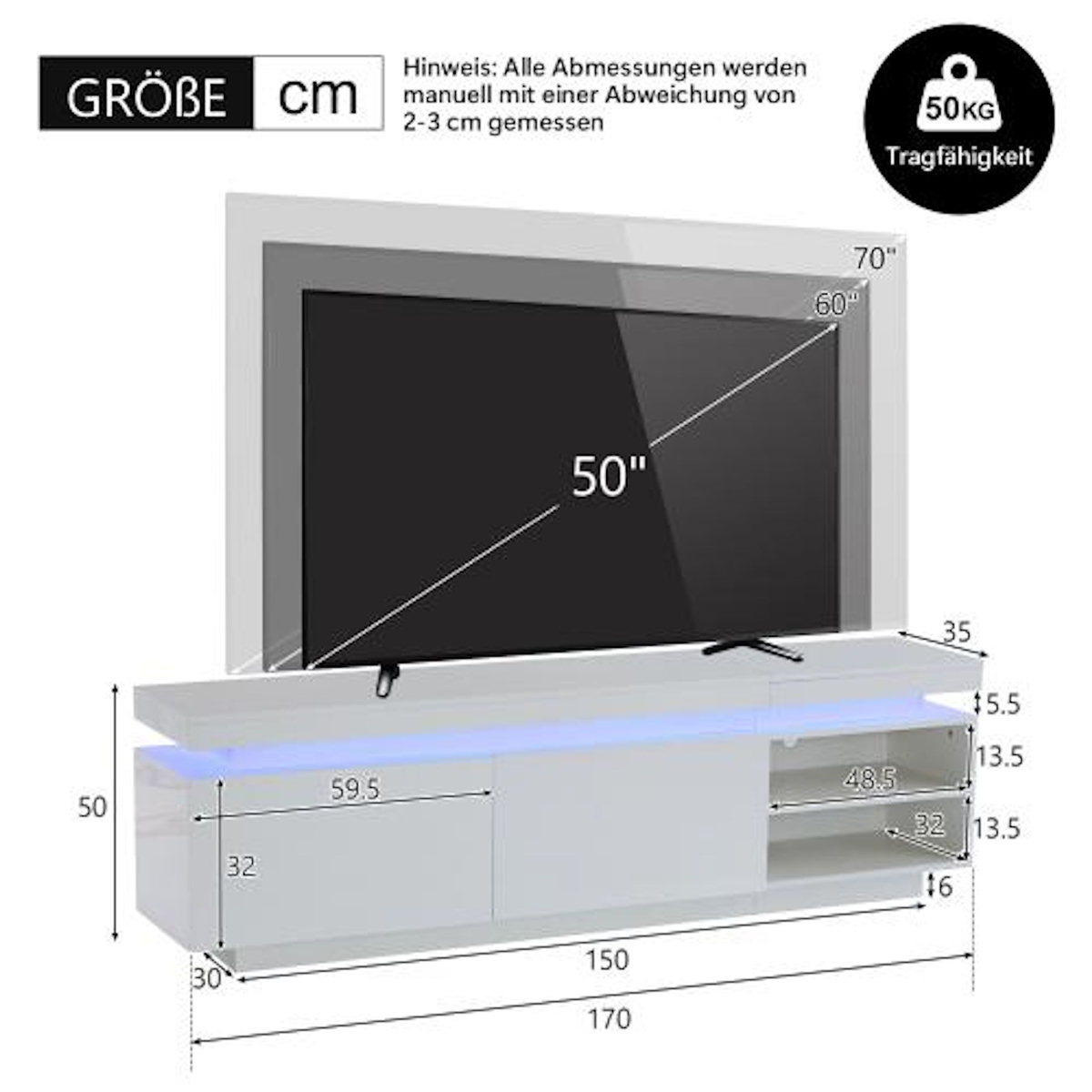 MERAX Meuble tv blanc 170cm led panneau de particules