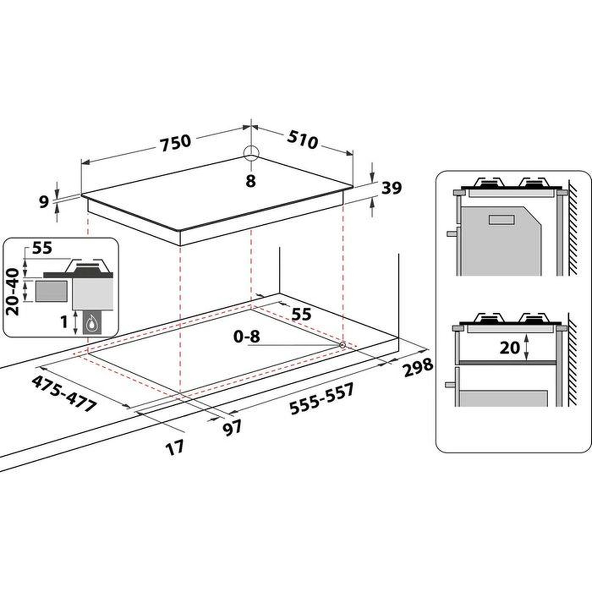 Voir la diapositive 2 : HOTPOINT Plaque gaz 5 foyers 10,5kW 75x51 cm inox – Hotpoint PNN751IX