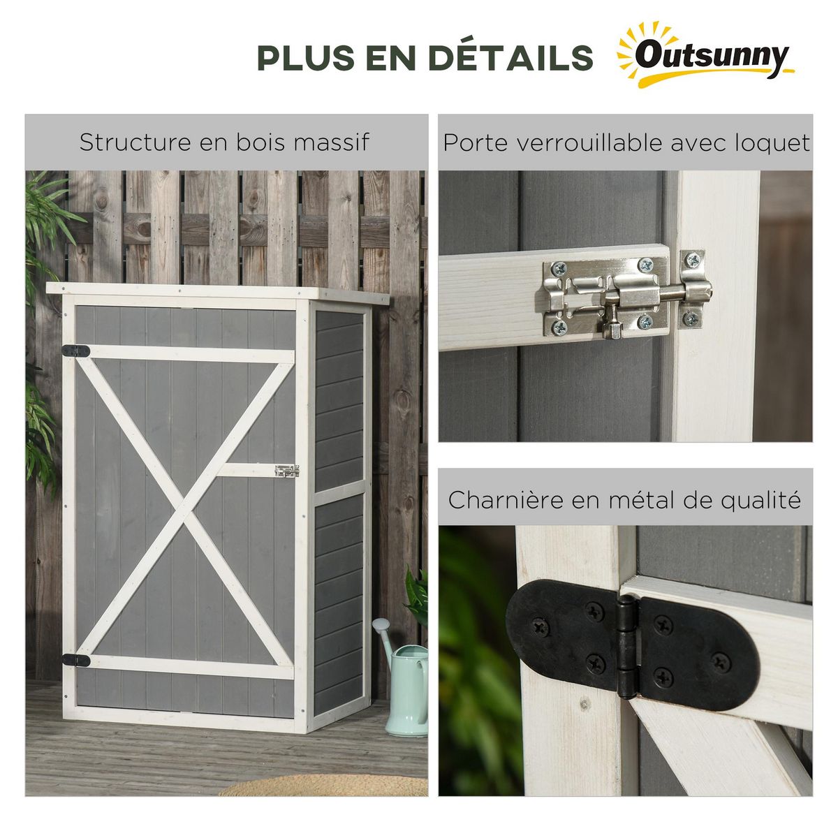 OUTSUNNY Armoire abri de jardin remise pour outils - grande porte verrouillable loquet - 2 étagères - toit bitumé incliné bois de sapin blanc gris