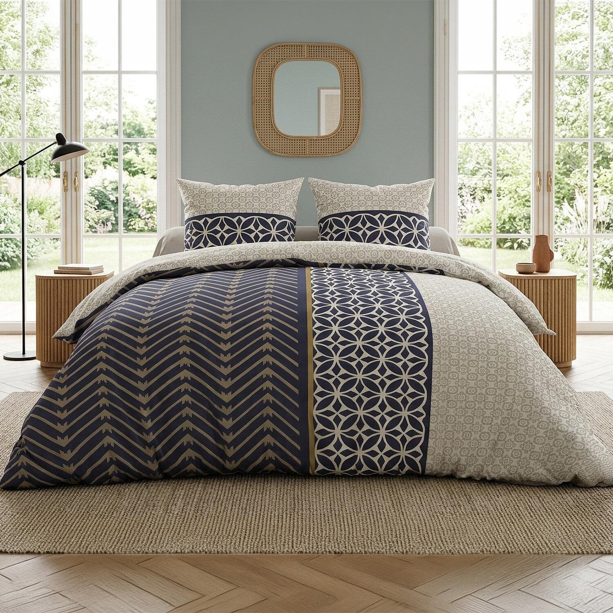 ATELIER DU COTON Parure housse de couette en coton 57 fils melvin. Coloris disponibles : Bleu