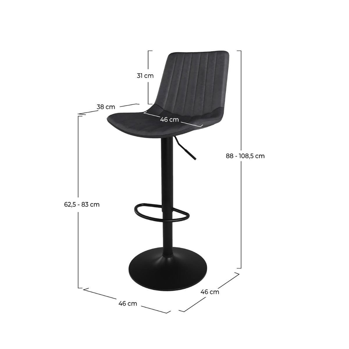 Rendez vous déco Lot de 2 chaises de bar réglables 62,5/83 cm gris foncé-Killi