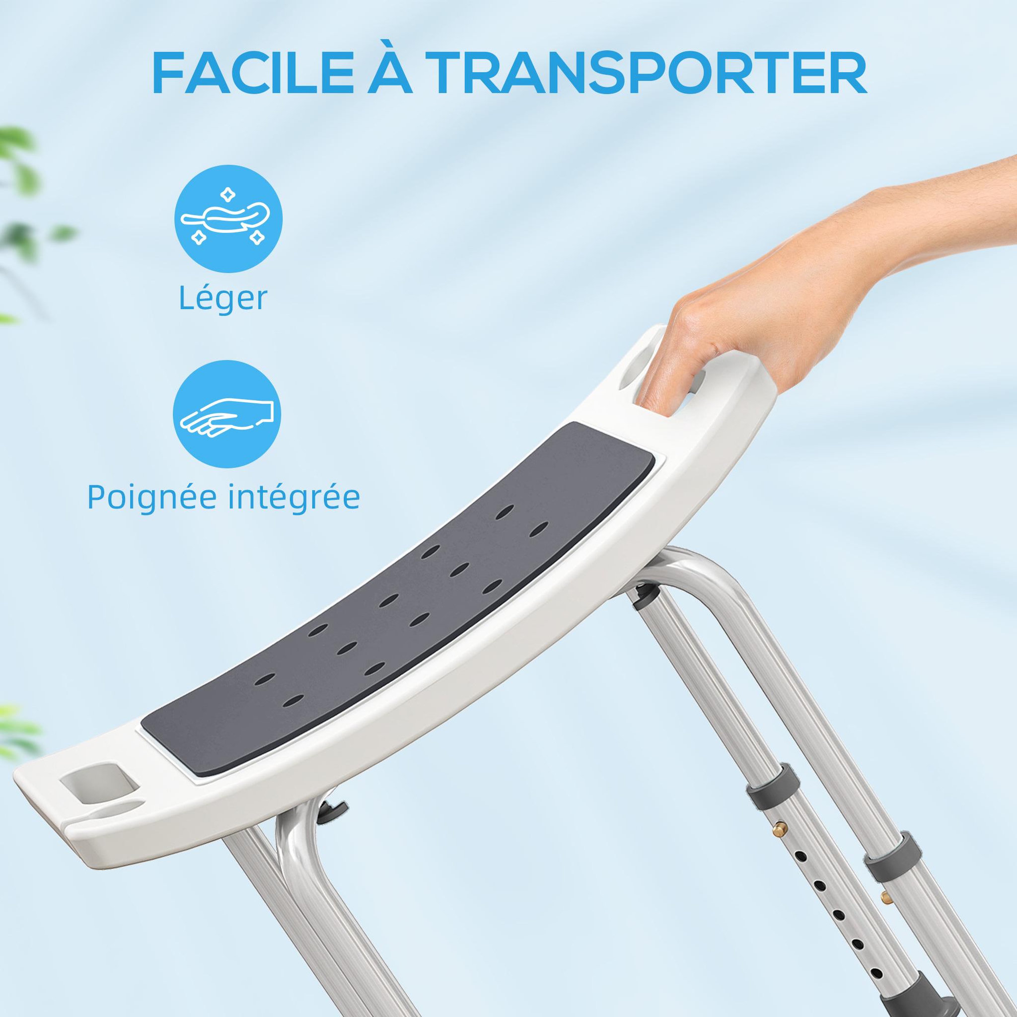 Voir la diapositive 6 : HOMCOM Siège de douche réglable en hauteur tabouret de douche ergonomique pieds antidérapants charge max. 135 kg alu hdpe blanc gris