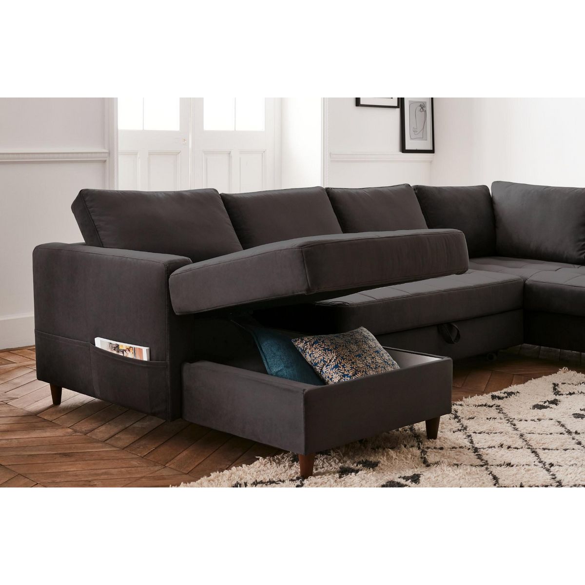 LISA DESIGN Anna - canapé panoramique d'angle droit - 7 places - convertible avec coffre - en velours