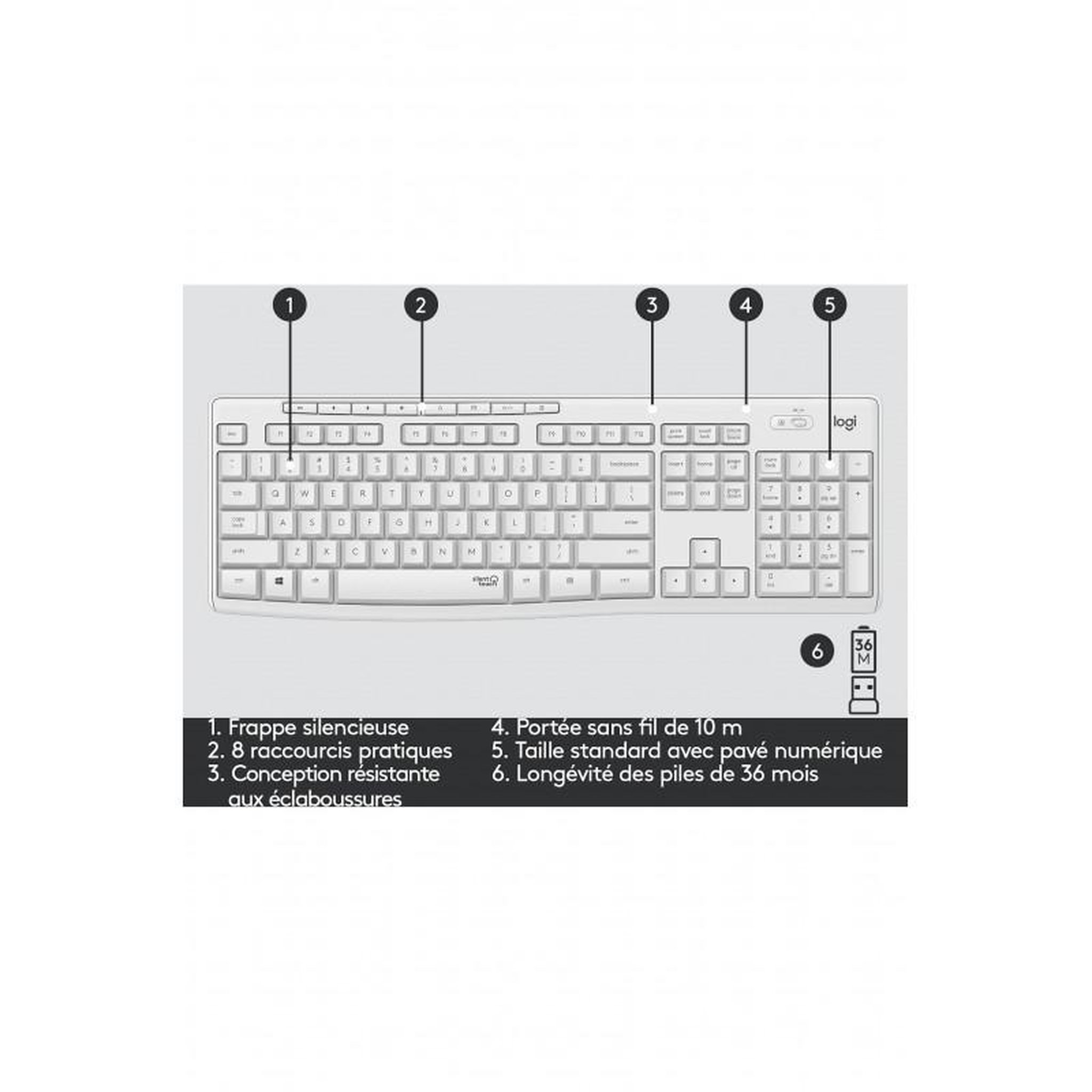 Voir la diapositive 6 : Logitech Pack MK295 Silent Wireless Combo White