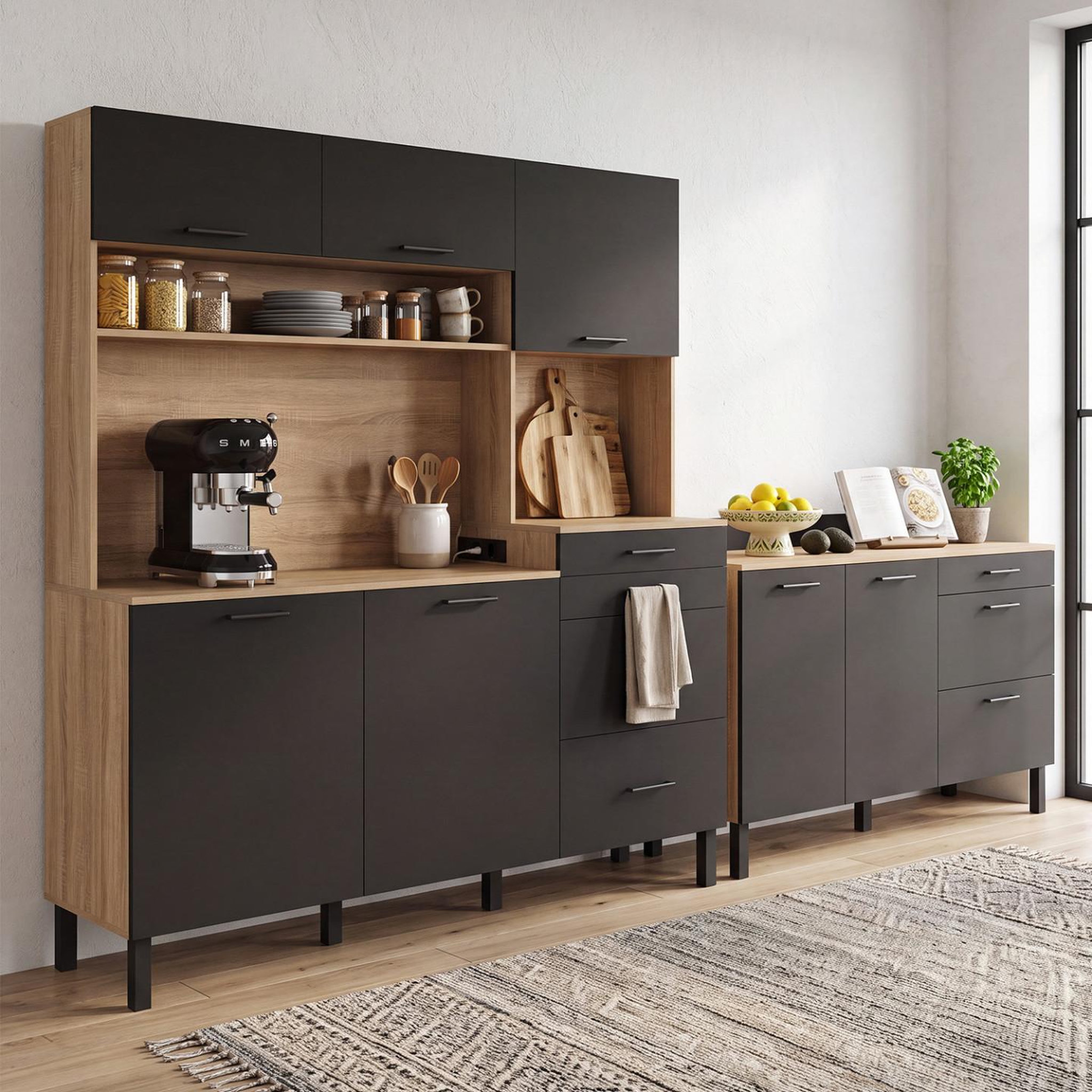 Voir la diapositive 6 : ID MARKET Buffet bas casserolier de cuisine 140 cm CINA plan de travail H.83 cm 2 portes + 3 tiroirs hêtre et noir
