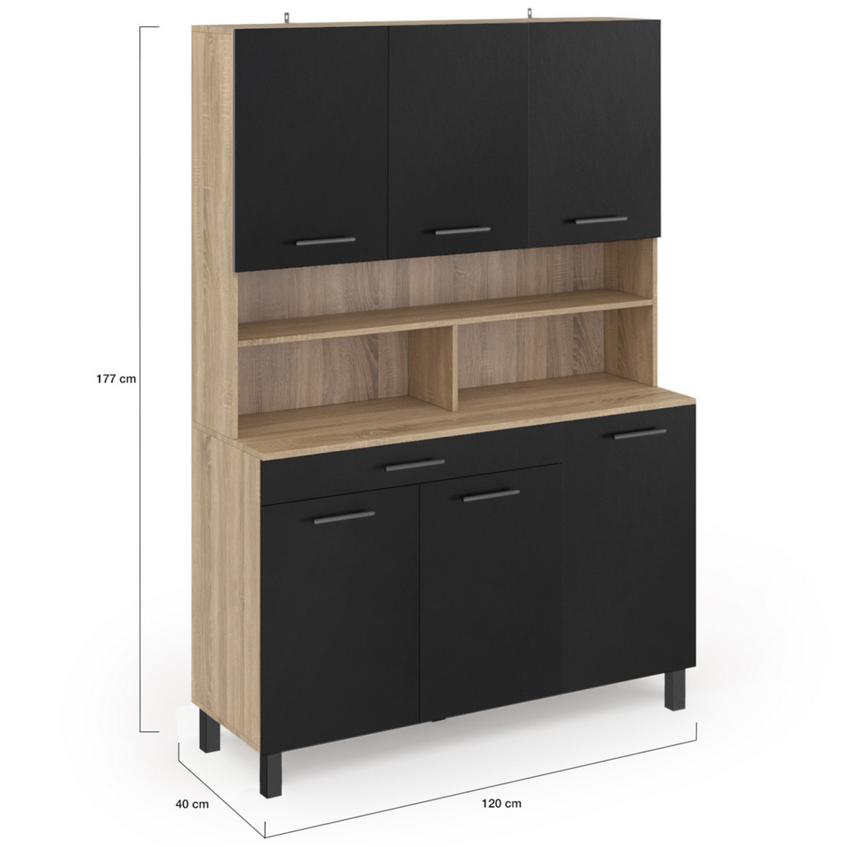 ID MARKET Buffet de cuisine 120 CM CINA 6 portes + tiroir façon hêtre et noir