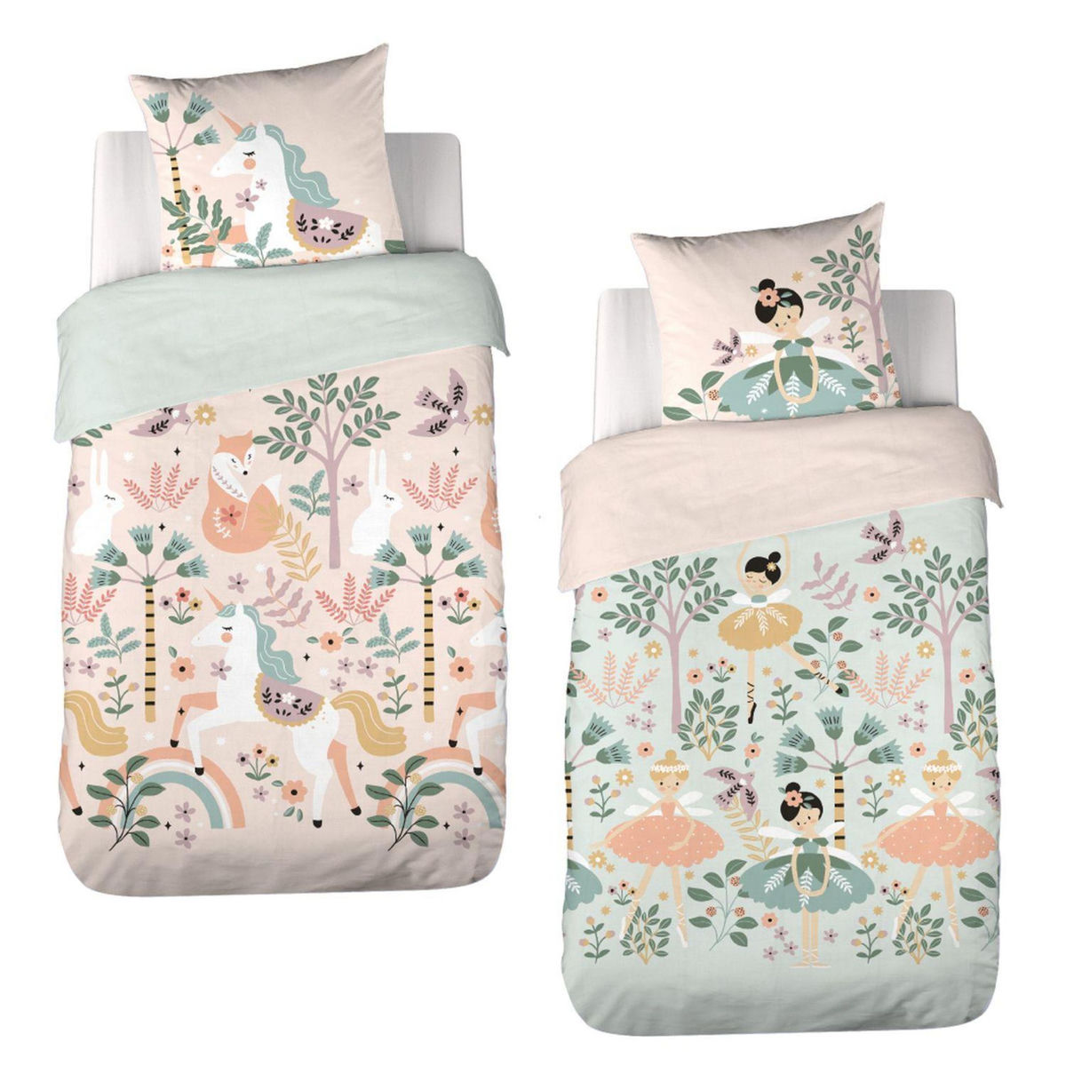 COTE DECO Parure de lit enfant réversible Licorne/danseuse - 100% coton 57 fils/cm² - 140 x 200 cm