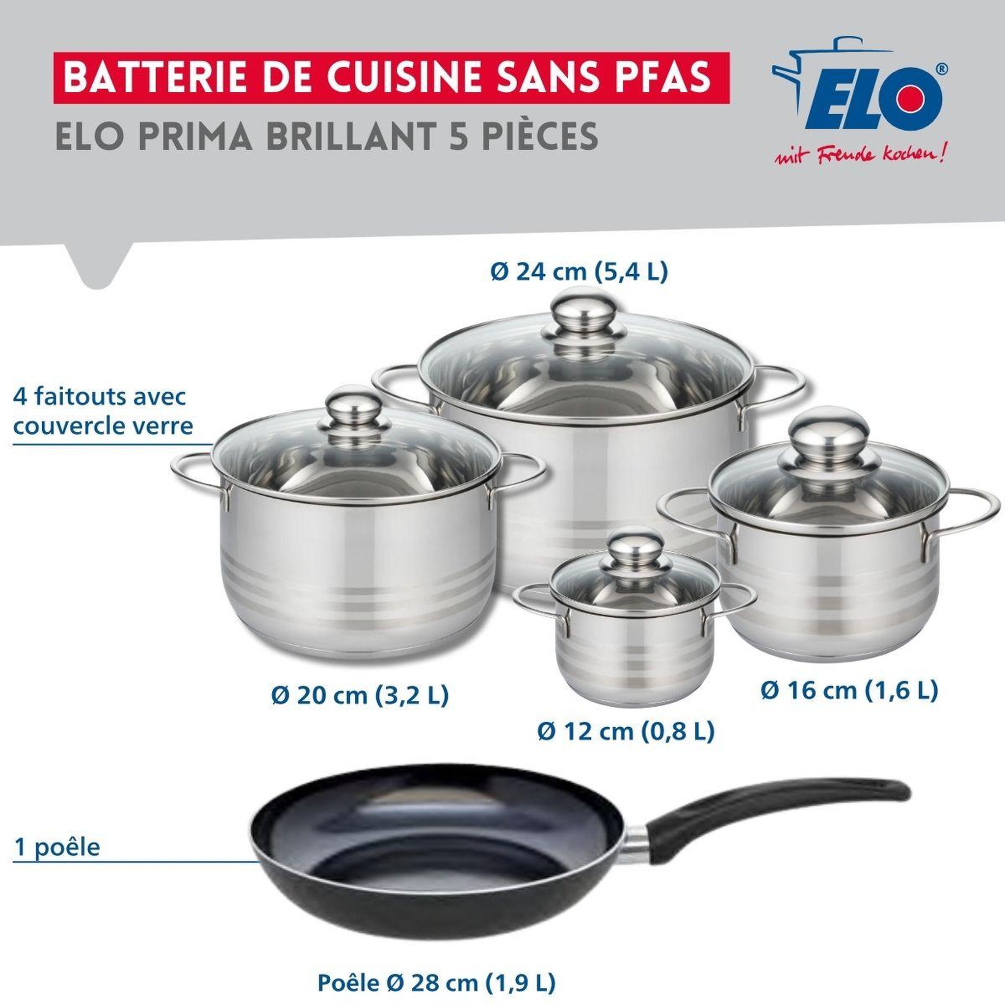 Voir la diapositive 2 : ELO Ensemble de 1 poêle de cuisson 28 cm et 4 faitouts 12, 16, 20 et 24 cm elo prima brillant