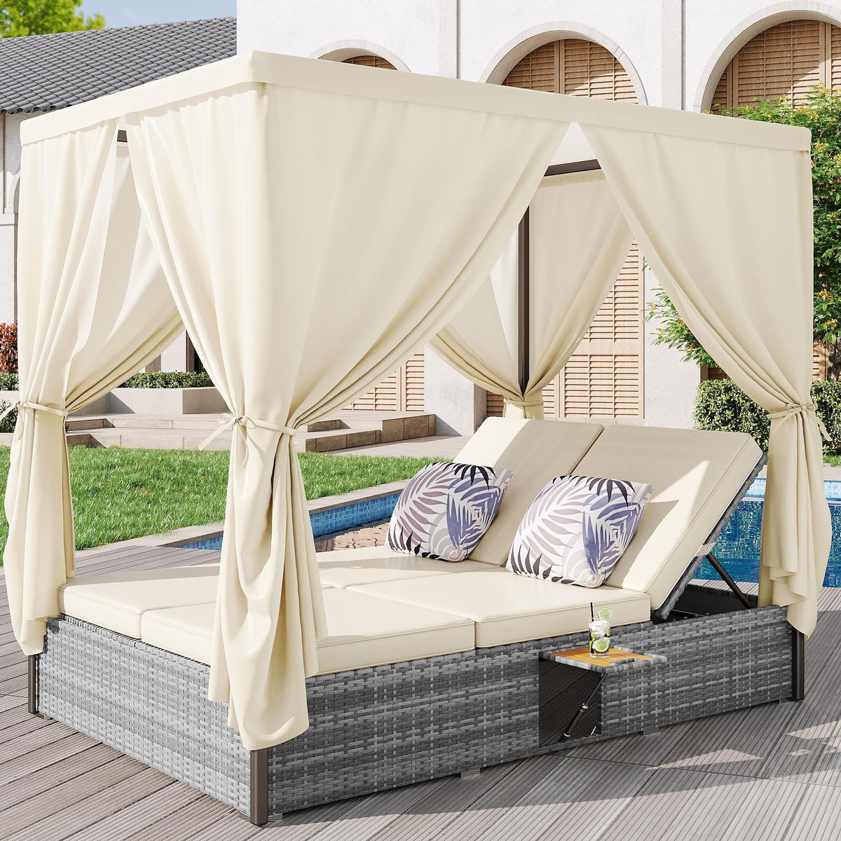 MERAX Bain de soleil en Métal avec auvent, table pliante, pliable, coussins, crème