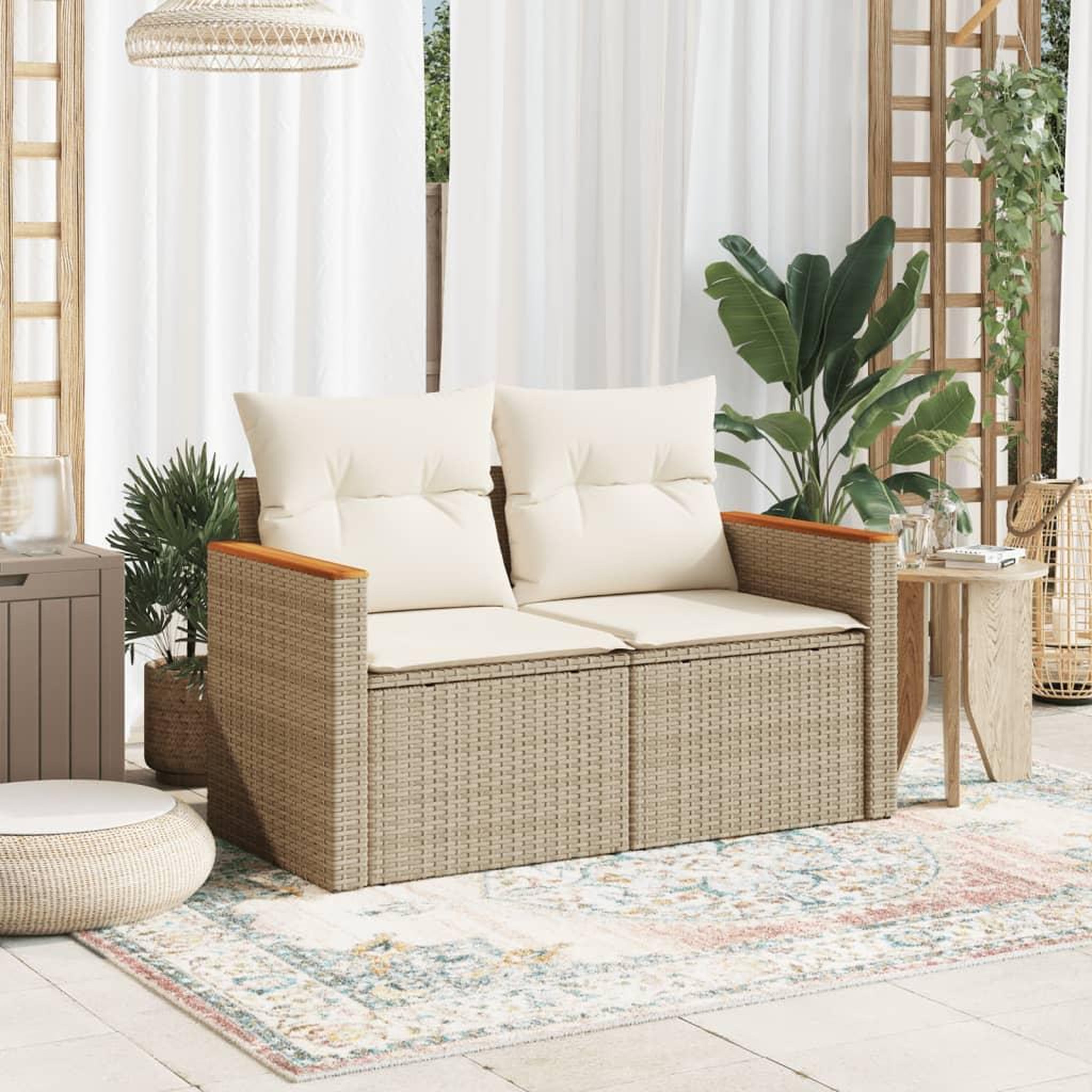 Voir la diapositive 3 : VIDAXL Canape de jardin avec coussins 2 places beige resine tressee