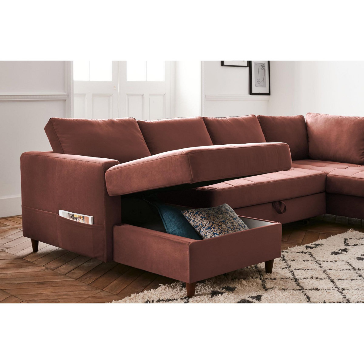 LISA DESIGN Anna - canapé panoramique d'angle droit - 7 places - convertible avec coffre - en velours