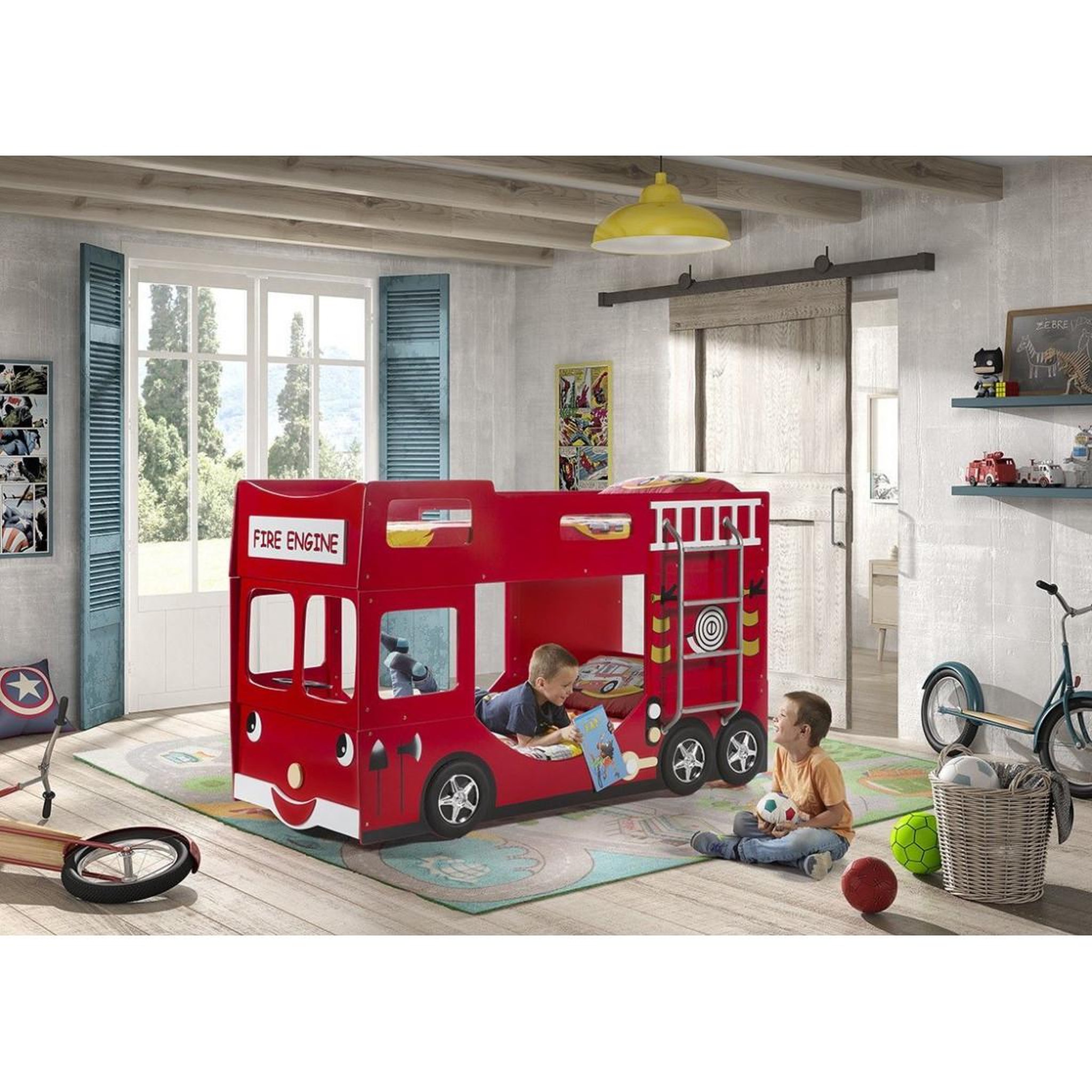 Voir la diapositive 2 : Paris Prix Pack - lit superposé enfant & 2 matelas  pompier  rouge