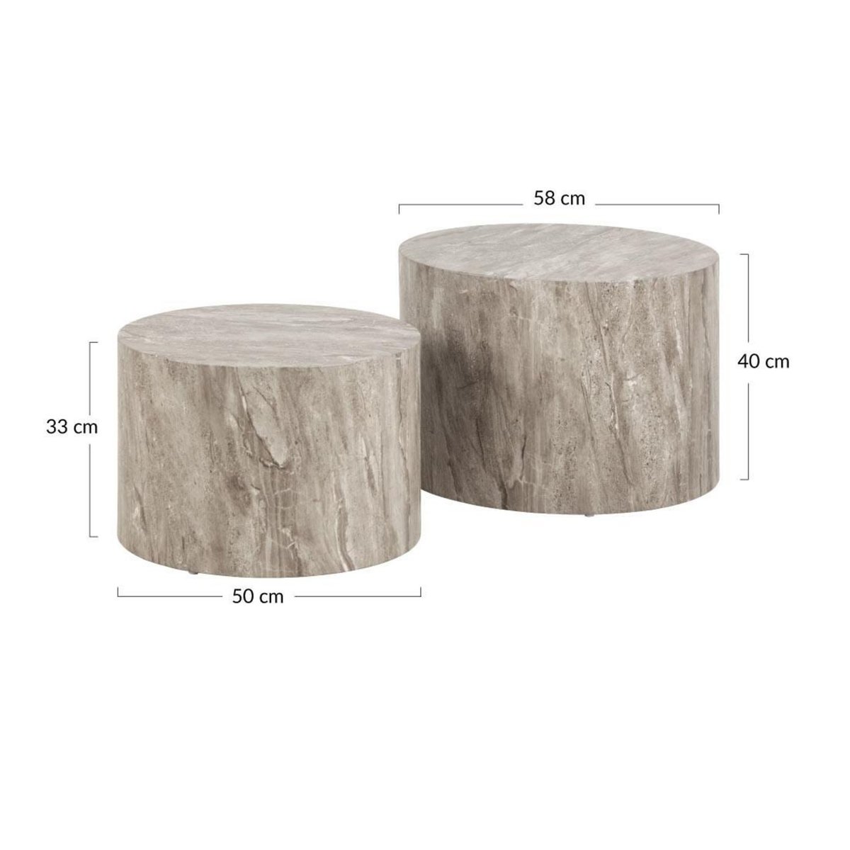 LISA DESIGN Pueblo - lot de 2 tables basses rondes - effet marbre gris - 58 et 50 cm