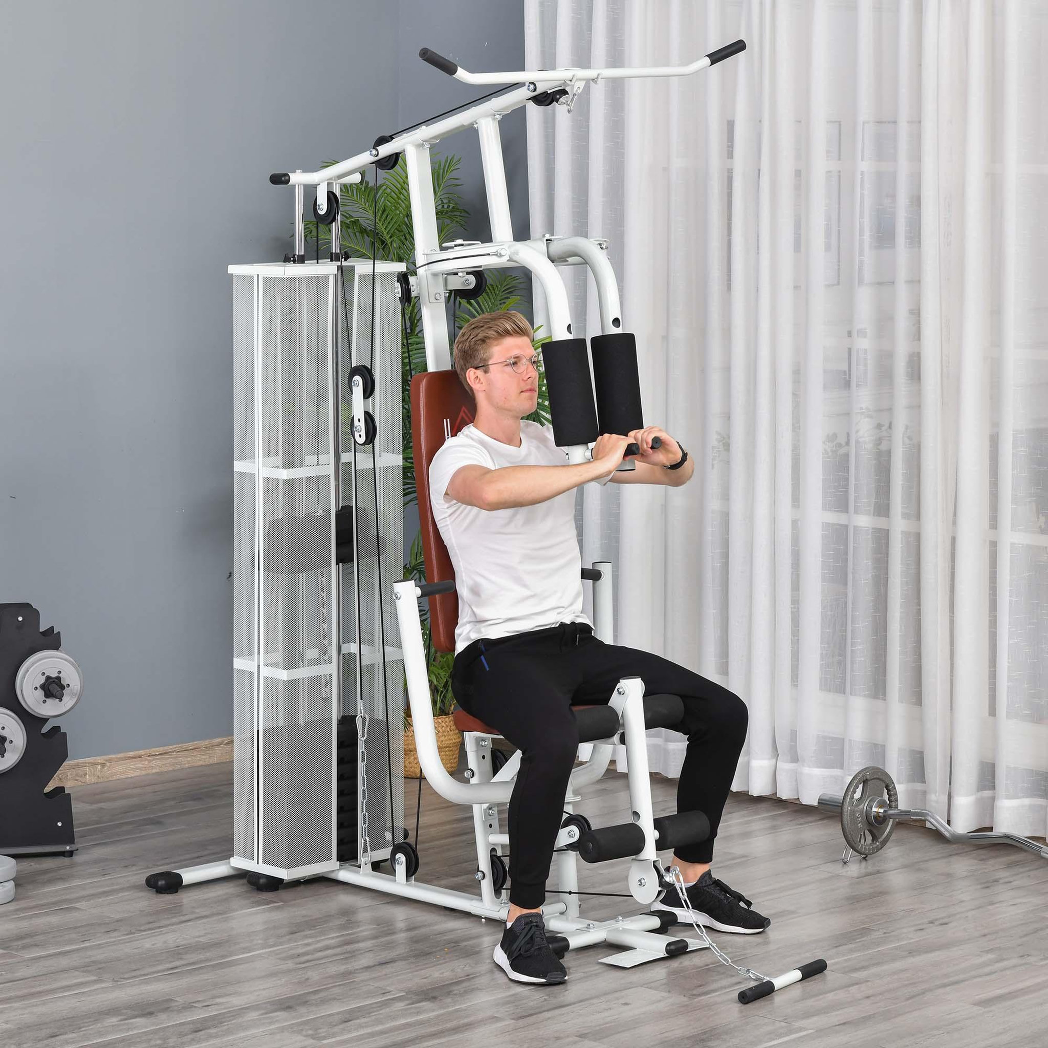 Voir la diapositive 2 : HOMCOM Station de musculation - entrainement complet - développé couché, butterfly, barre latissimus, curler, bande résistance - 10 contrepoids - acier blanc