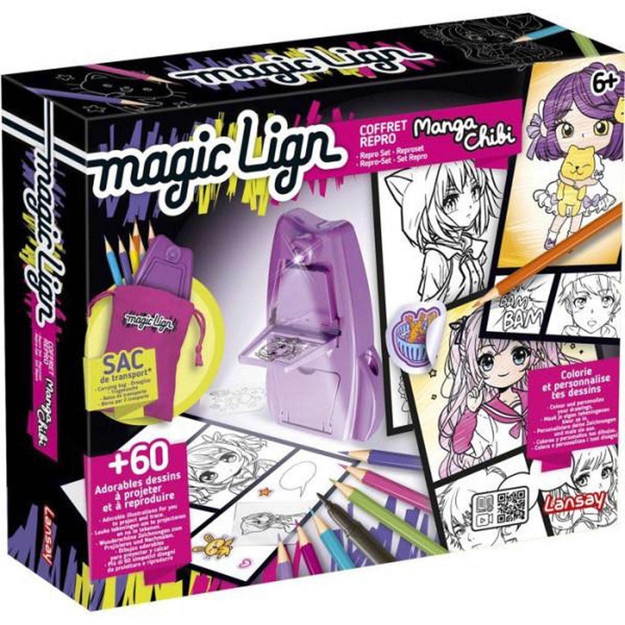 LANSAY Loisir créatif - LANSAY - MAGIC LIGN - jeu de coloriage - PROJECTEUR POCKET MANGA CHIBI - 80+ illustrations - Des 6 ans