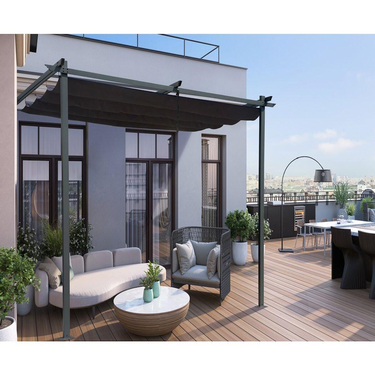 Habitat et Jardin Pergola adossée avec toit rétractable - 3 x 3 m - Gris anthracite