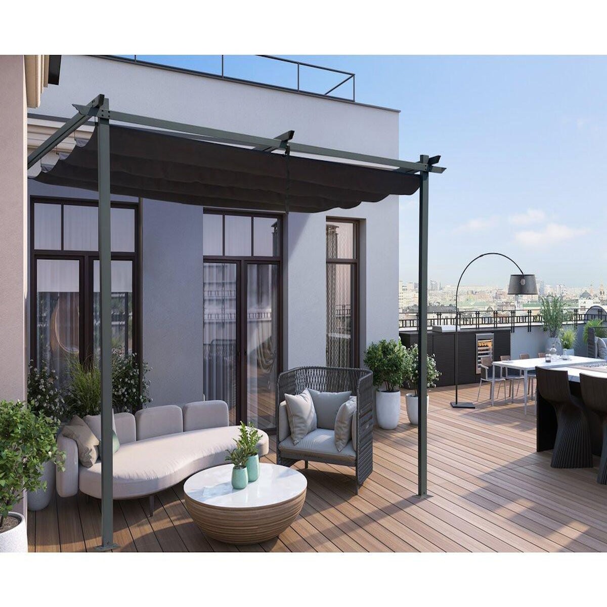 Habitat et Jardin Pergola adossée avec toit rétractable - 3 x 3 m - Gris anthracite