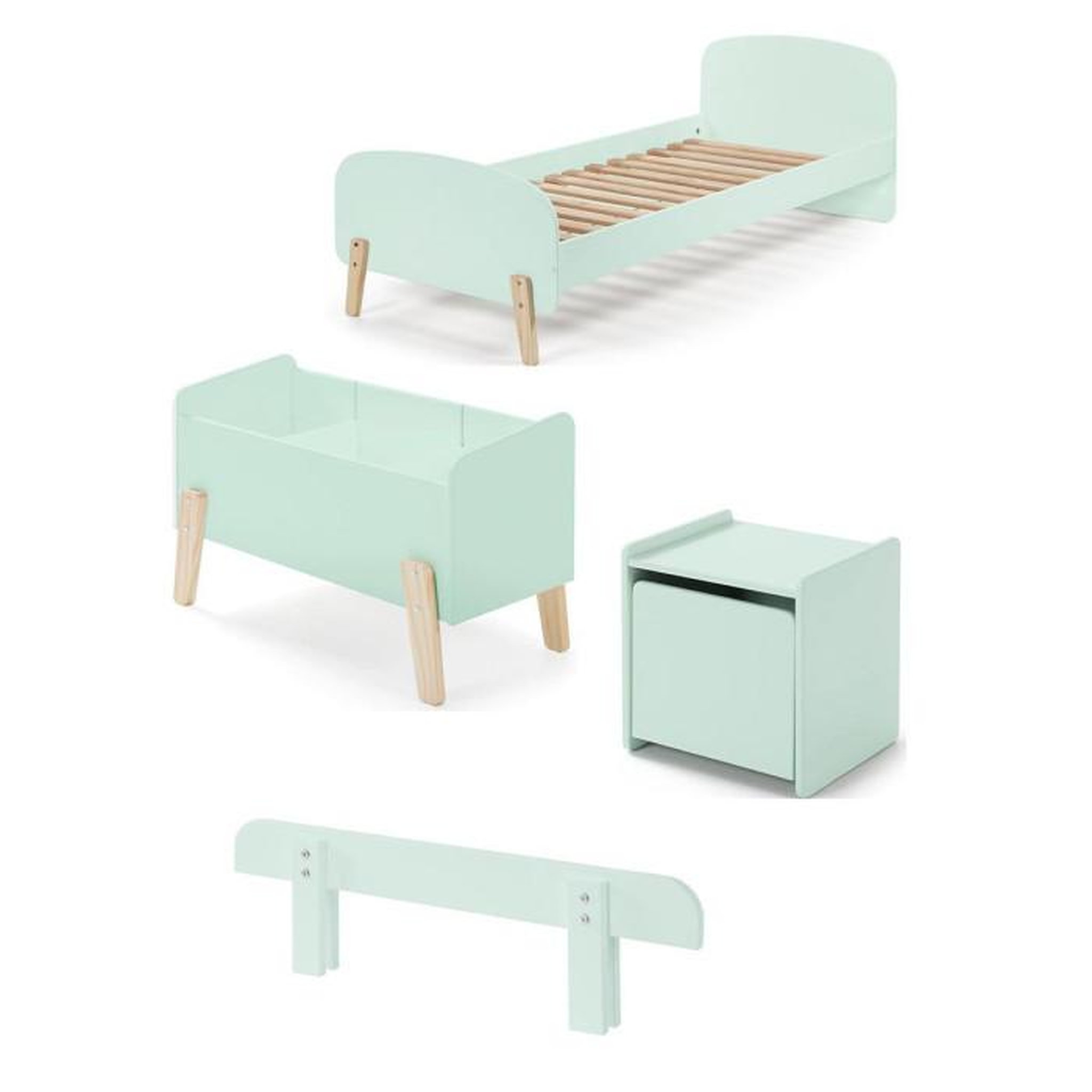 Paris Prix Pack - Lit Enfant, Chevet, Barrière & Coffre  Kiddy  90x200cm Vert Menthe