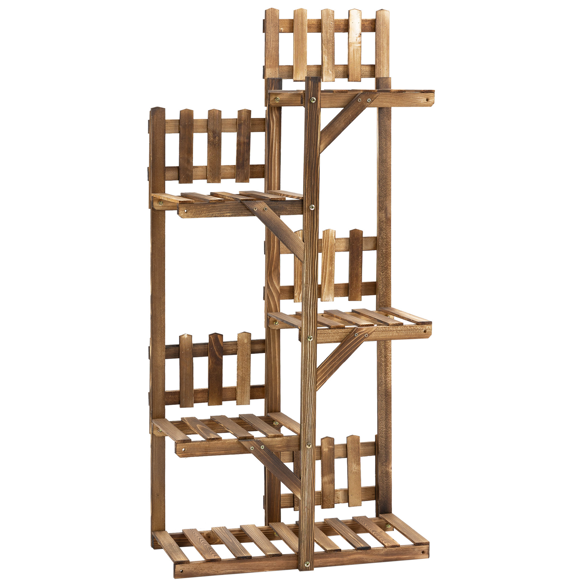 Voir la diapositive 1 : OUTSUNNY Étagère à fleurs en bois - porte plante bois 5 tablettes ornement petites barrières - dim. 60L x 30l x 130H cm - bois de sapin traité carbonisation